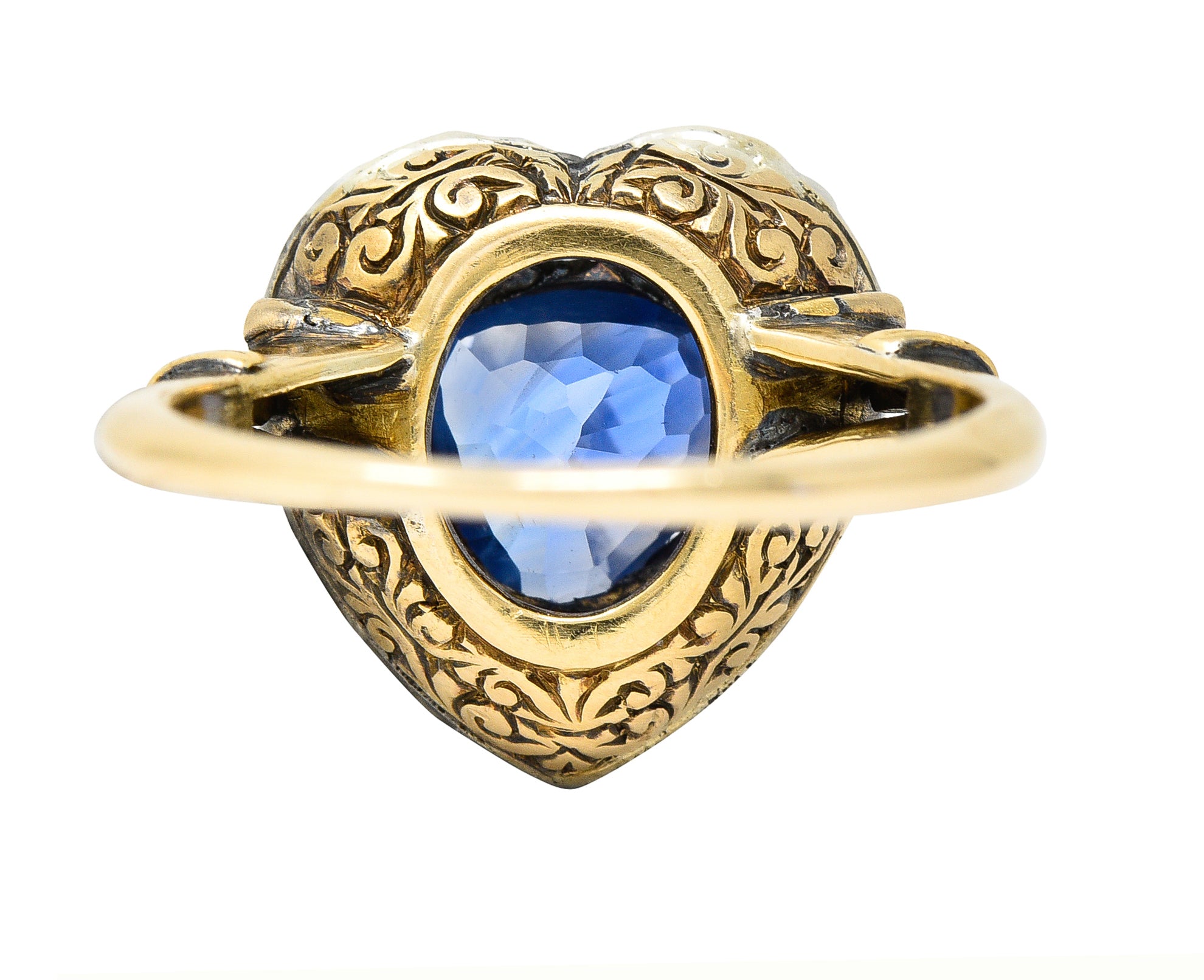 Victorian 4.60 CTW Heart Cut Sapphire Old European Cut Diamond Silver-Topped 18 Karat Yellow Gold Heart Halo Antique Ring Wilson's Estate Jewelry