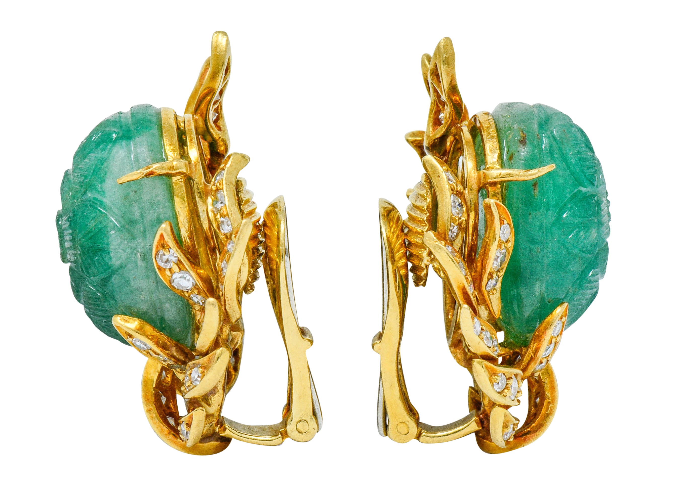 David Webb Mogul Style Diamond Carved Emerald 18 Karat Gold Floral Ear-Clip EarringsEarrings - Wilson's Estate Jewelry