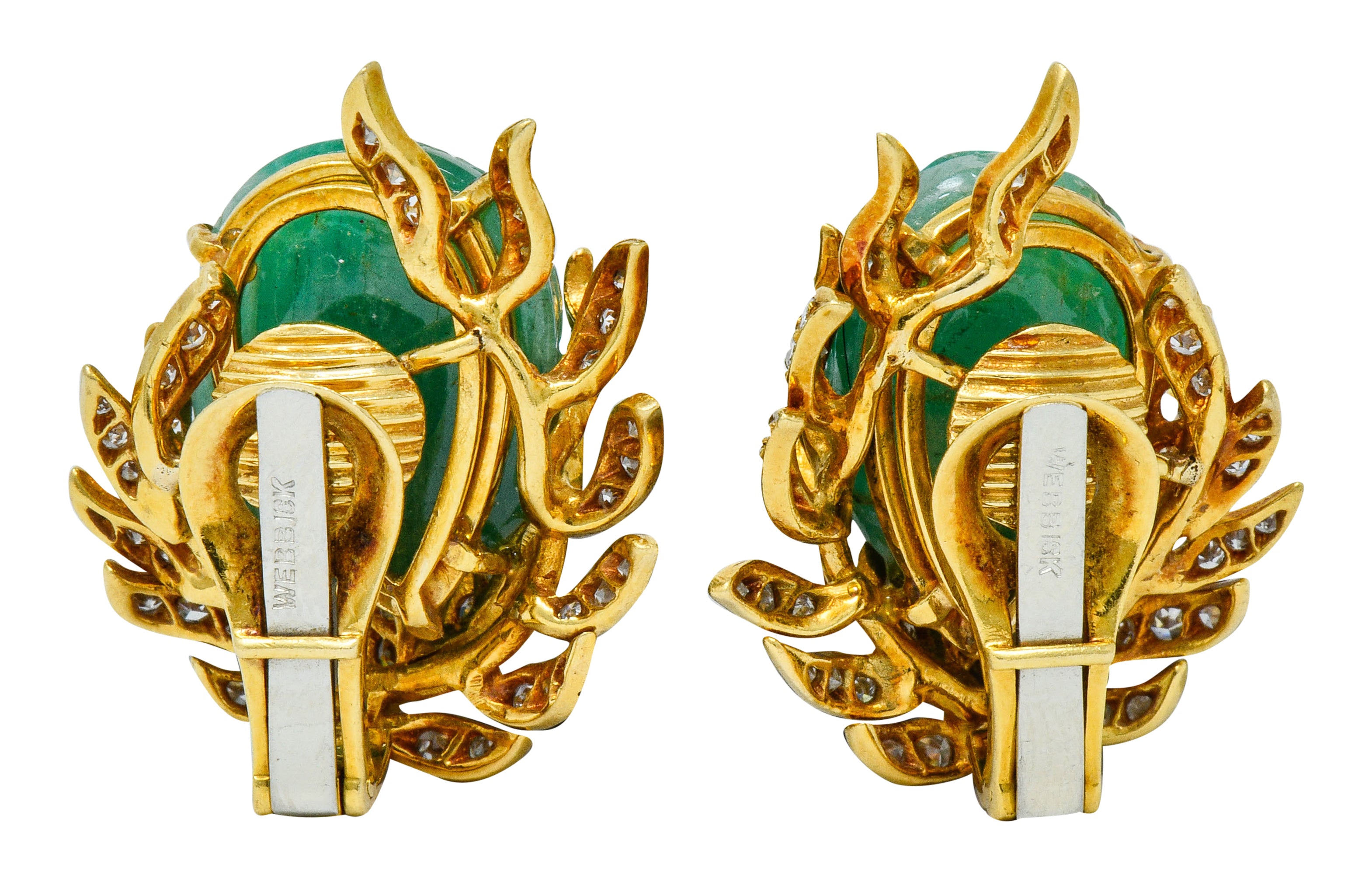 David Webb Mogul Style Diamond Carved Emerald 18 Karat Gold Floral Ear-Clip EarringsEarrings - Wilson's Estate Jewelry