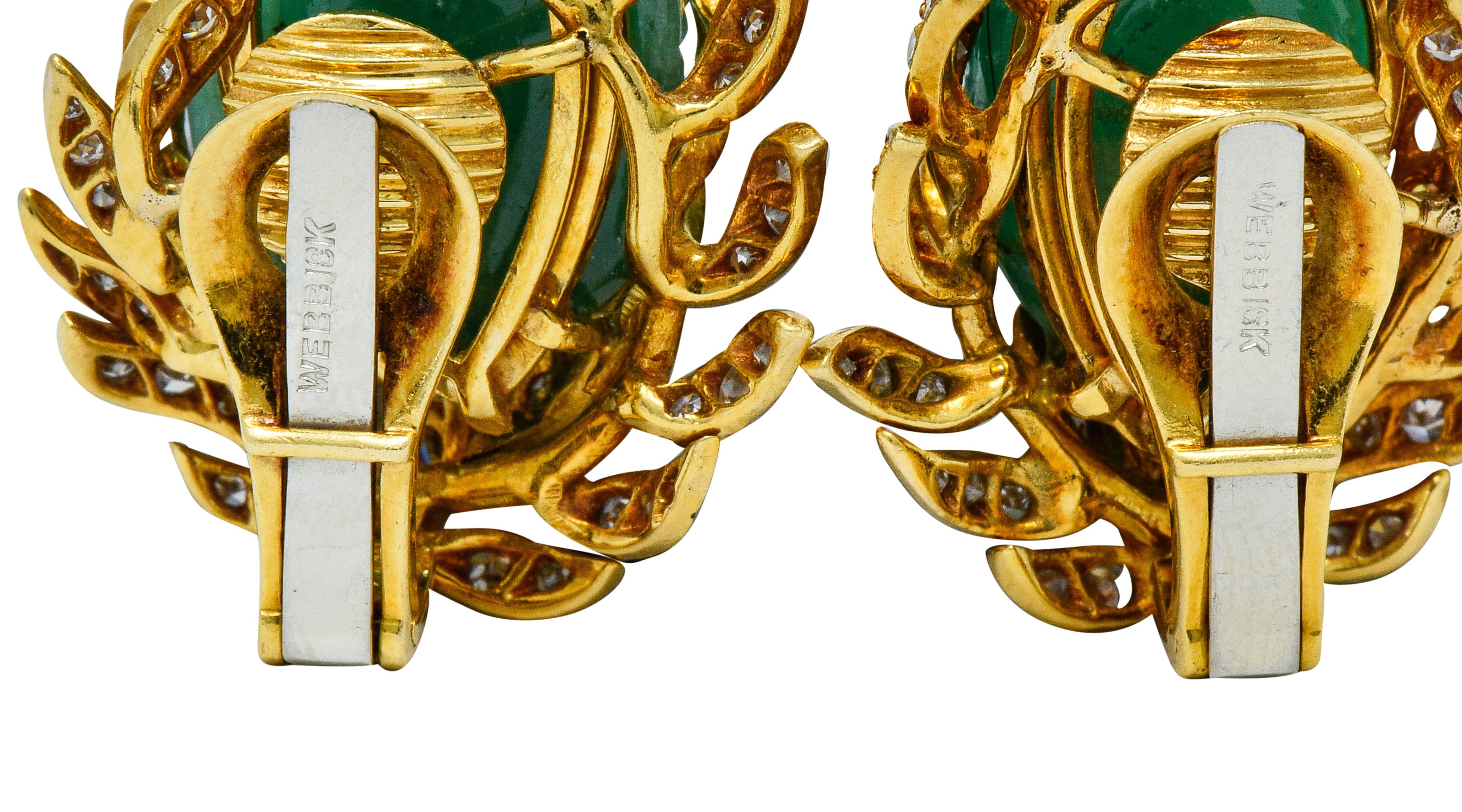 David Webb Mogul Style Diamond Carved Emerald 18 Karat Gold Floral Ear-Clip EarringsEarrings - Wilson's Estate Jewelry