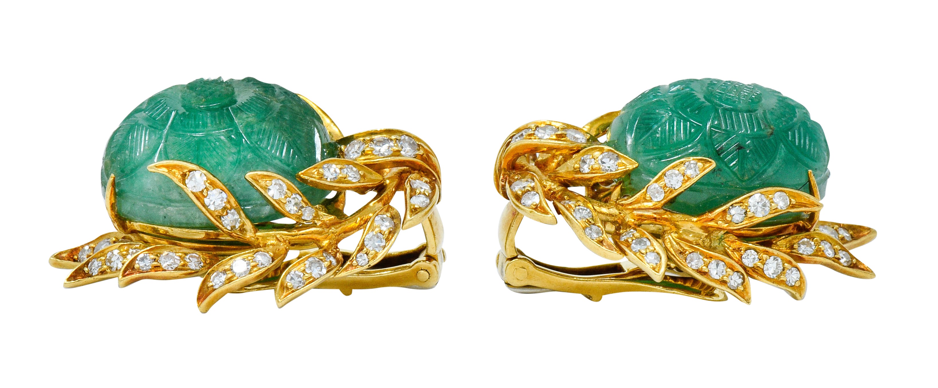 David Webb Mogul Style Diamond Carved Emerald 18 Karat Gold Floral Ear-Clip EarringsEarrings - Wilson's Estate Jewelry