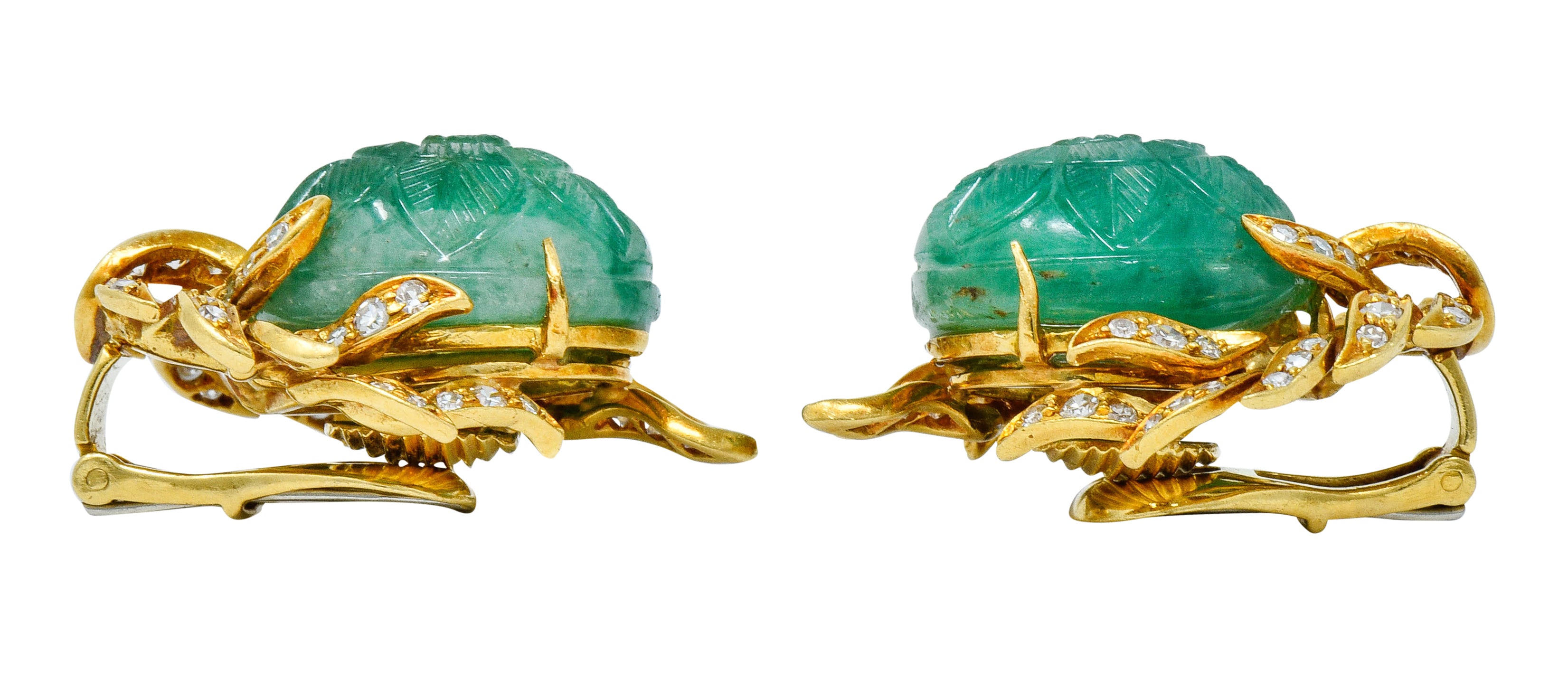 David Webb Mogul Style Diamond Carved Emerald 18 Karat Gold Floral Ear-Clip EarringsEarrings - Wilson's Estate Jewelry