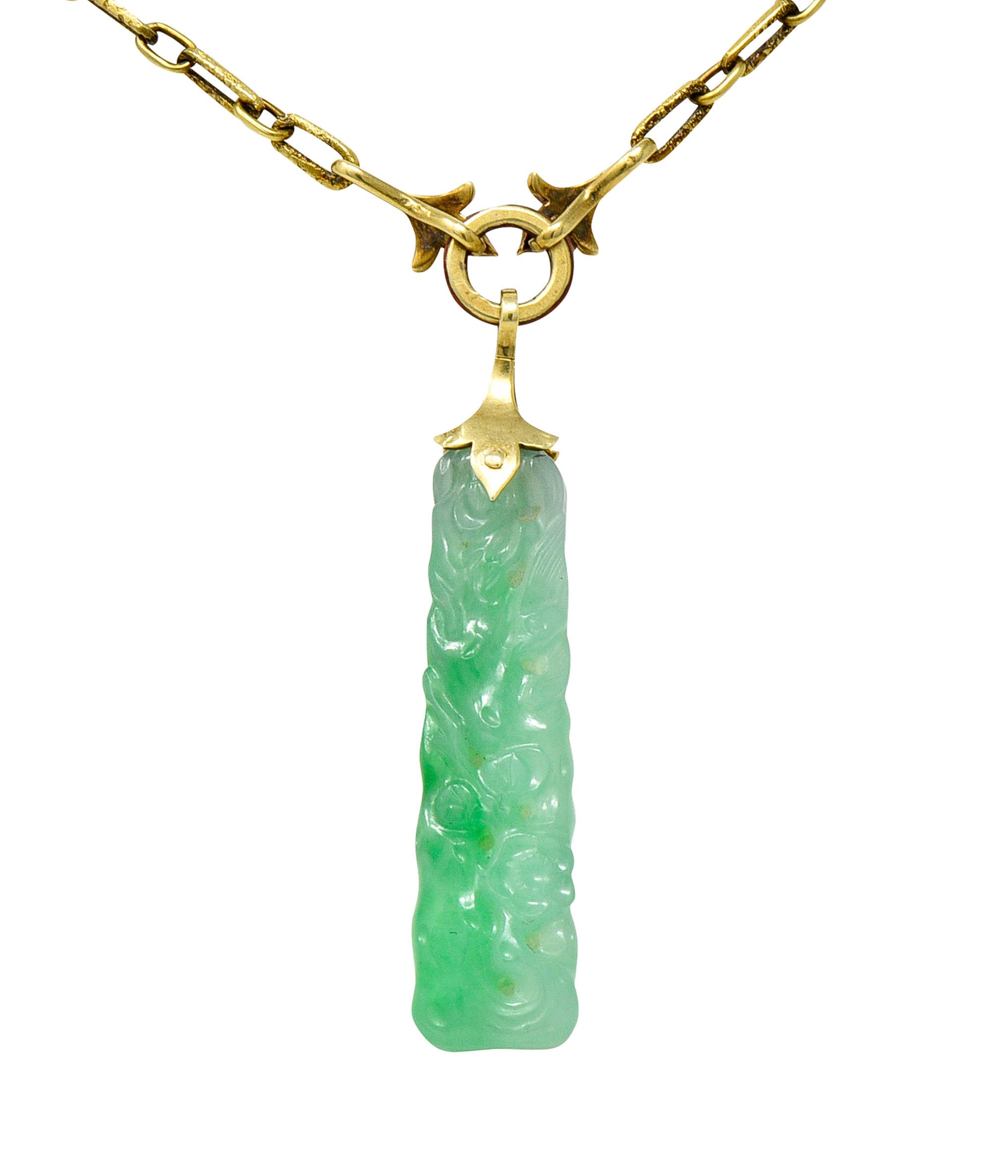 Art Deco Carved Jade Enamel 14 Karat Gold Drop Pendant NecklaceNecklace - Wilson's Estate Jewelry