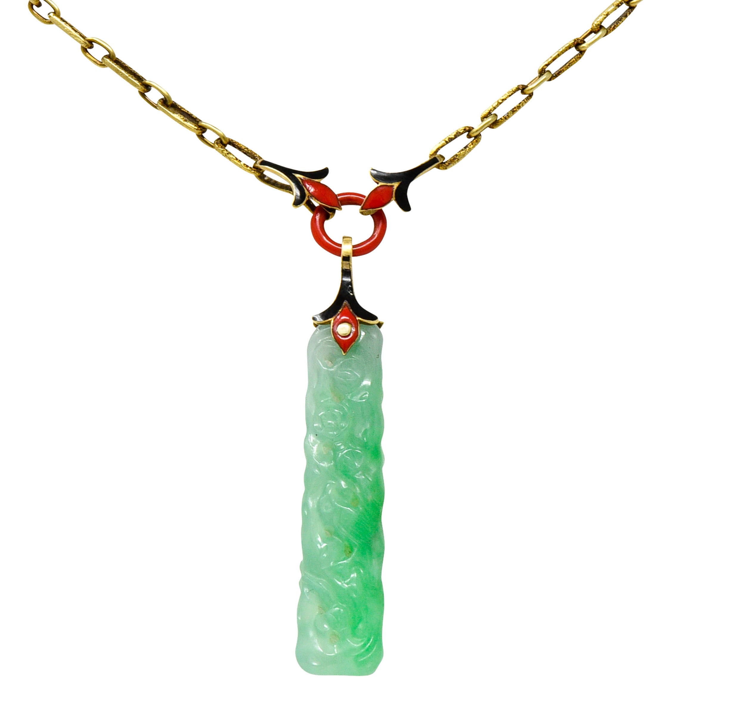 Art Deco Carved Jade Enamel 14 Karat Gold Drop Pendant NecklaceNecklace - Wilson's Estate Jewelry