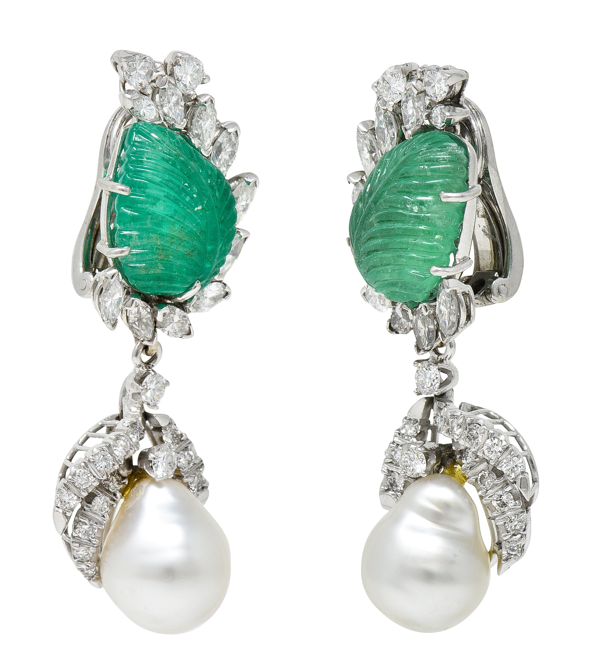 Mid-Century 21.90 CTW Mughal Carved Emerald Diamond Baroque Pearl Platinum Convertible Ear-Clip Earrings Wilson's Estate Jewelry