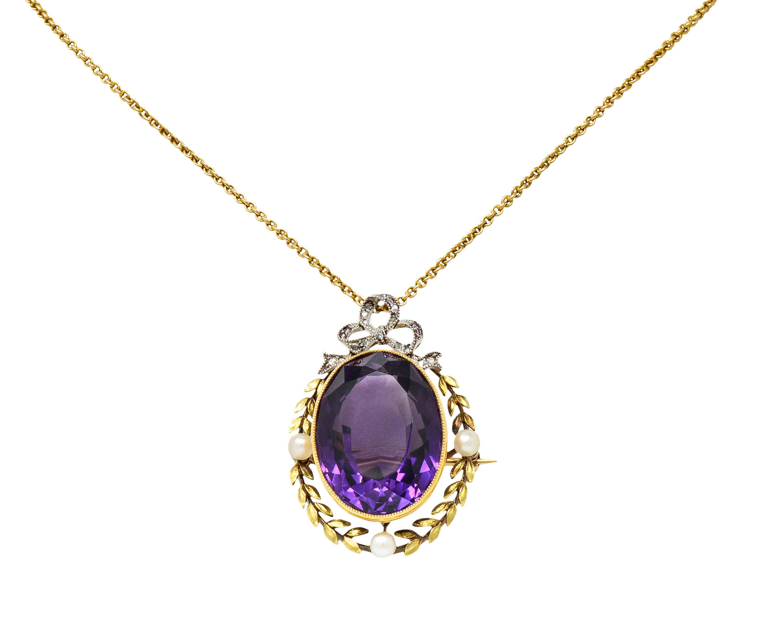 Edwardian Amethyst Diamond Pearl Silver-Topped 14 Karat Gold Laurel Pendant NecklaceNecklace - Wilson's Estate Jewelry