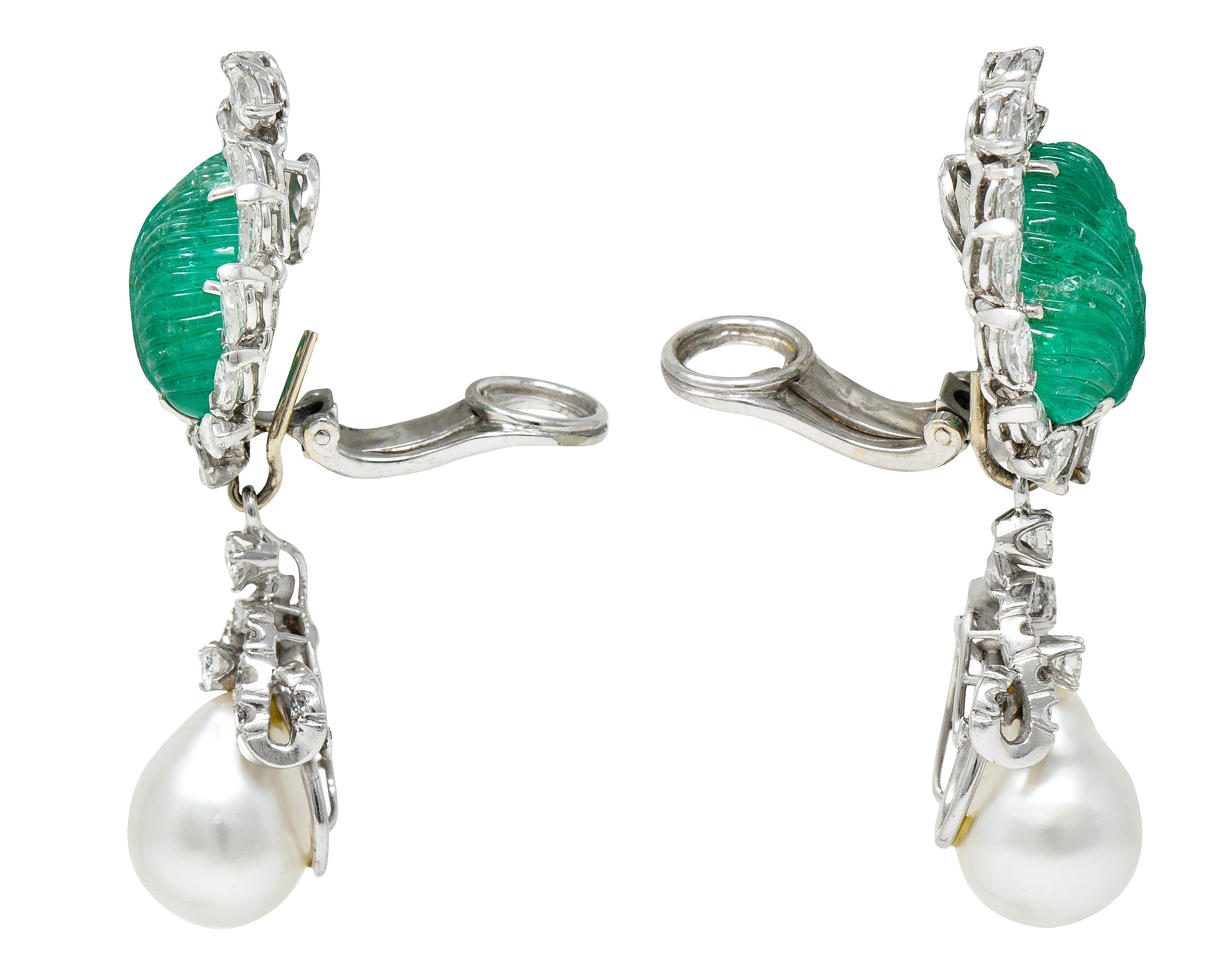 Mid-Century 21.90 CTW Mughal Carved Emerald Diamond Baroque Pearl Platinum Convertible Ear-Clip Earrings Wilson's Estate Jewelry