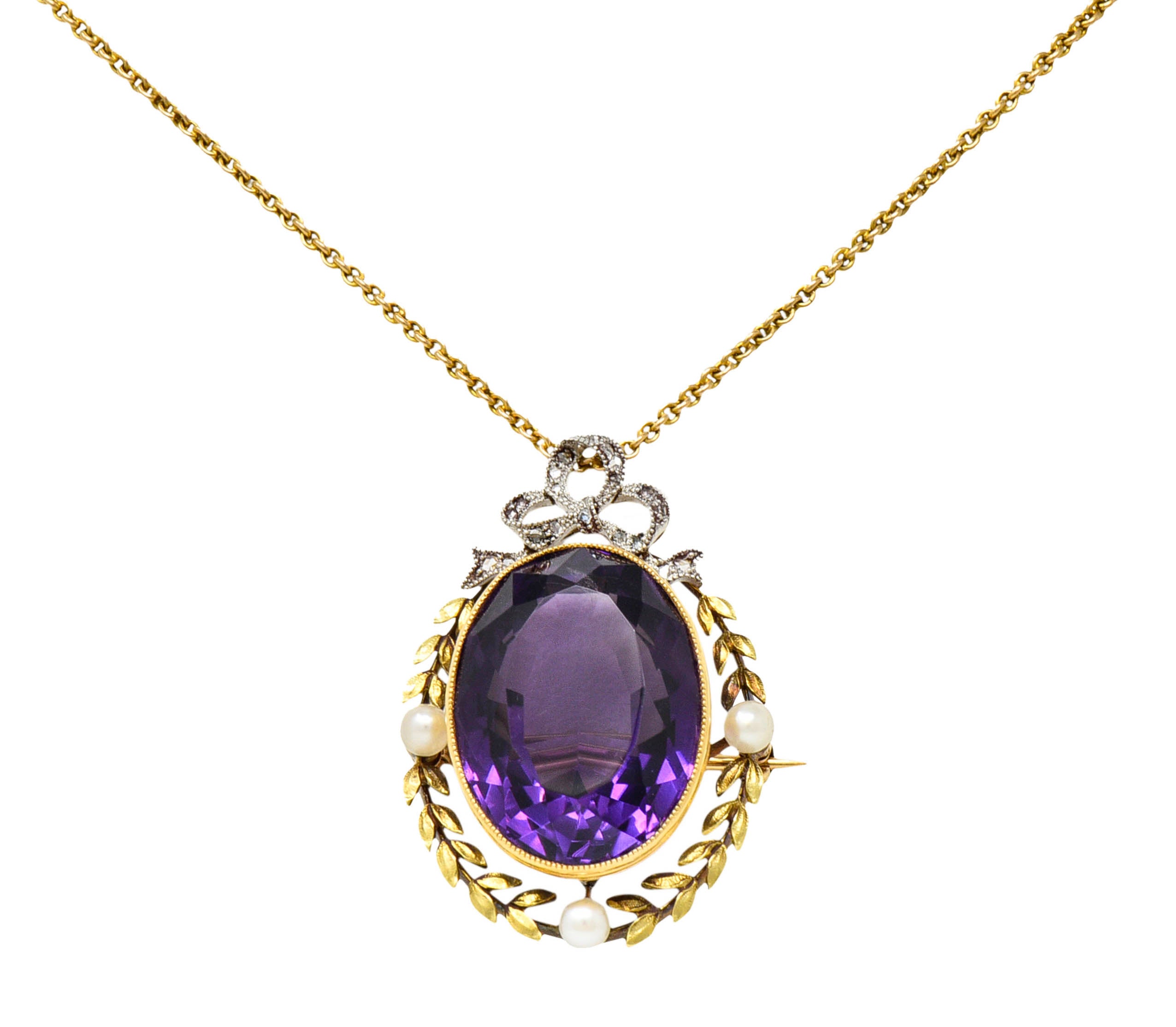 Edwardian Amethyst Diamond Pearl Silver-Topped 14 Karat Gold Laurel Pendant NecklaceNecklace - Wilson's Estate Jewelry