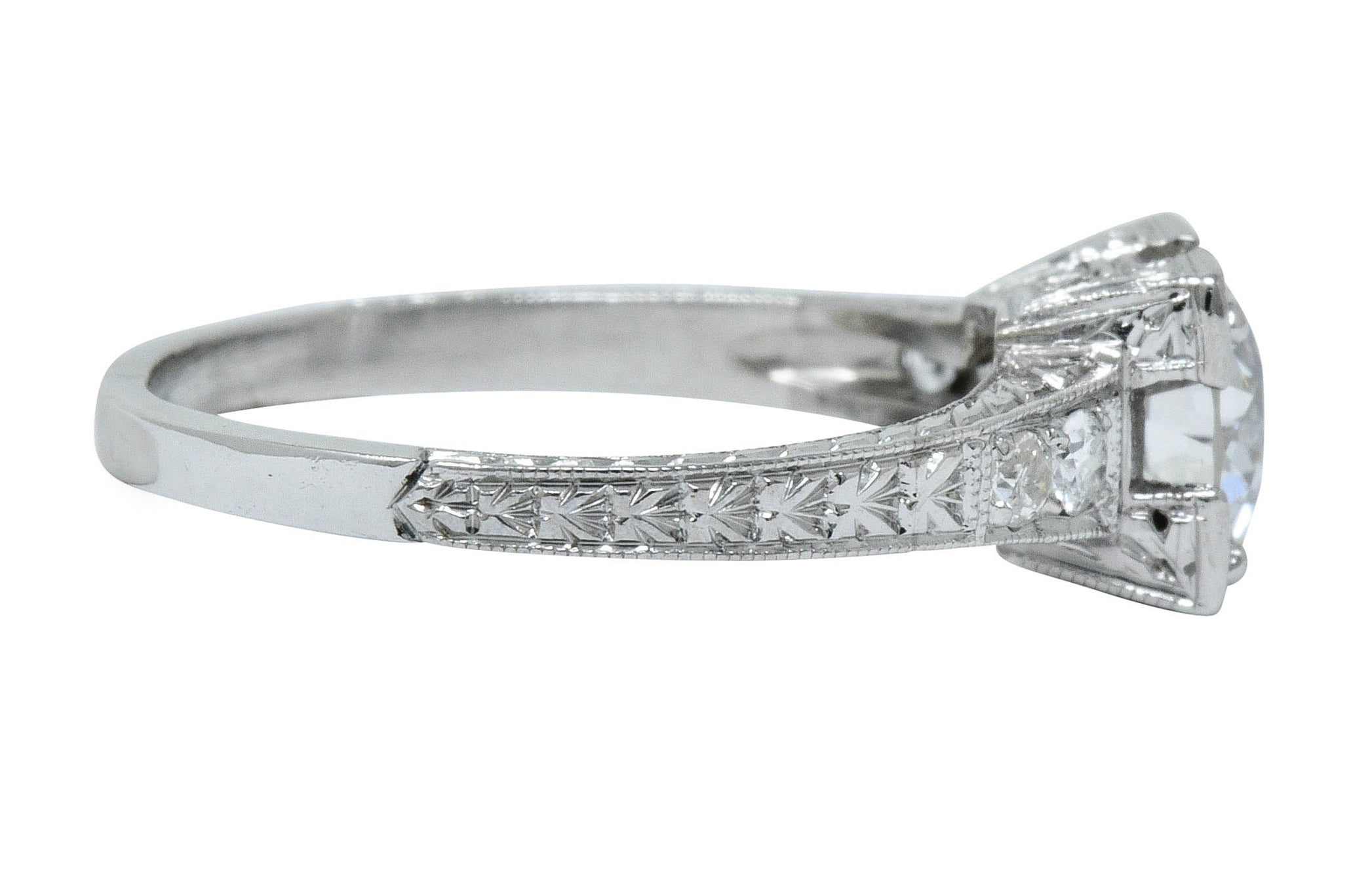 Art Deco 1.00 CTW Diamond Platinum Engraved Foliate Engagement Ring GIARing - Wilson's Estate Jewelry