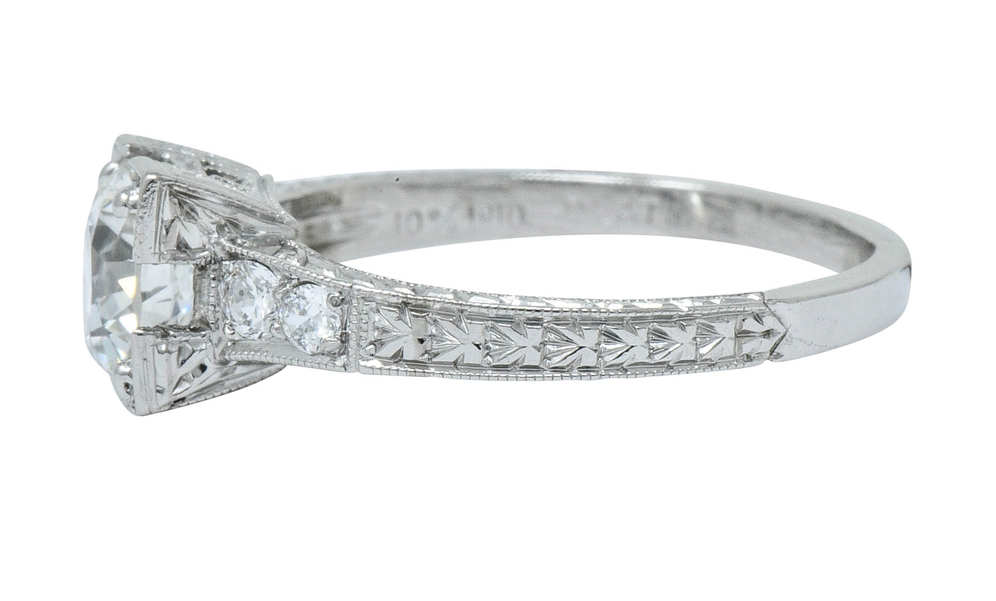 Art Deco 1.00 CTW Diamond Platinum Engraved Foliate Engagement Ring GIARing - Wilson's Estate Jewelry