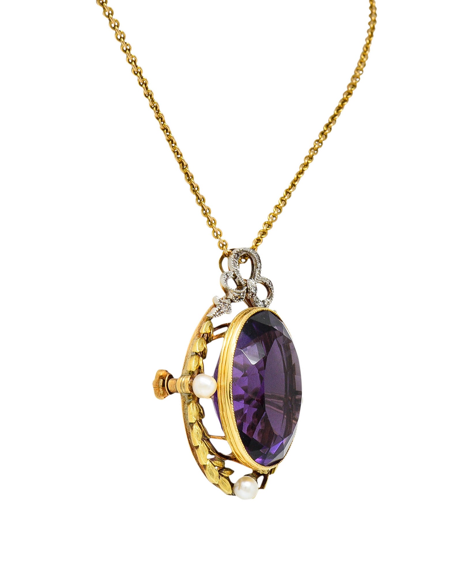 Edwardian Amethyst Diamond Pearl Silver-Topped 14 Karat Gold Laurel Pendant NecklaceNecklace - Wilson's Estate Jewelry