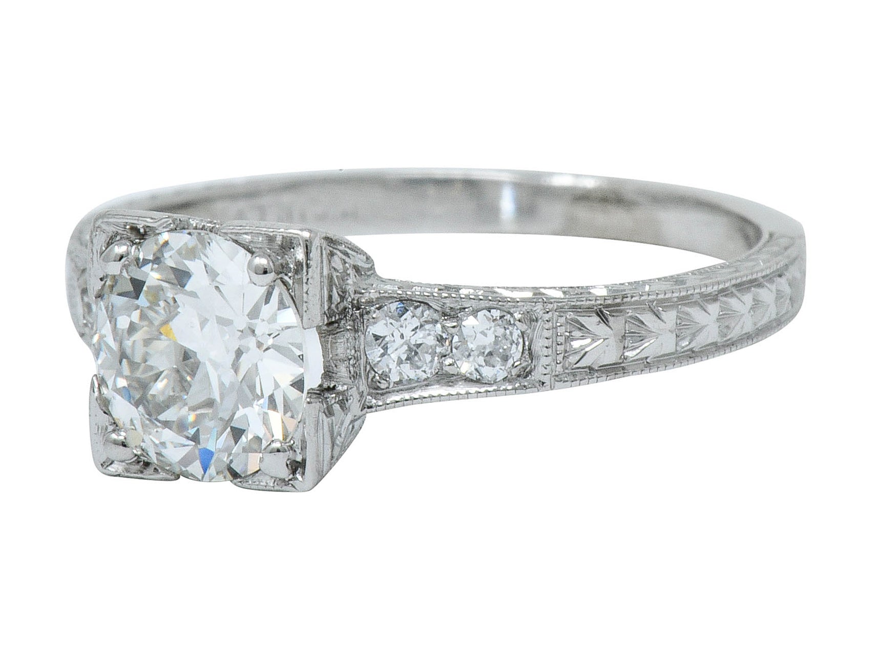 Art Deco 1.00 CTW Diamond Platinum Engraved Foliate Engagement Ring GIARing - Wilson's Estate Jewelry