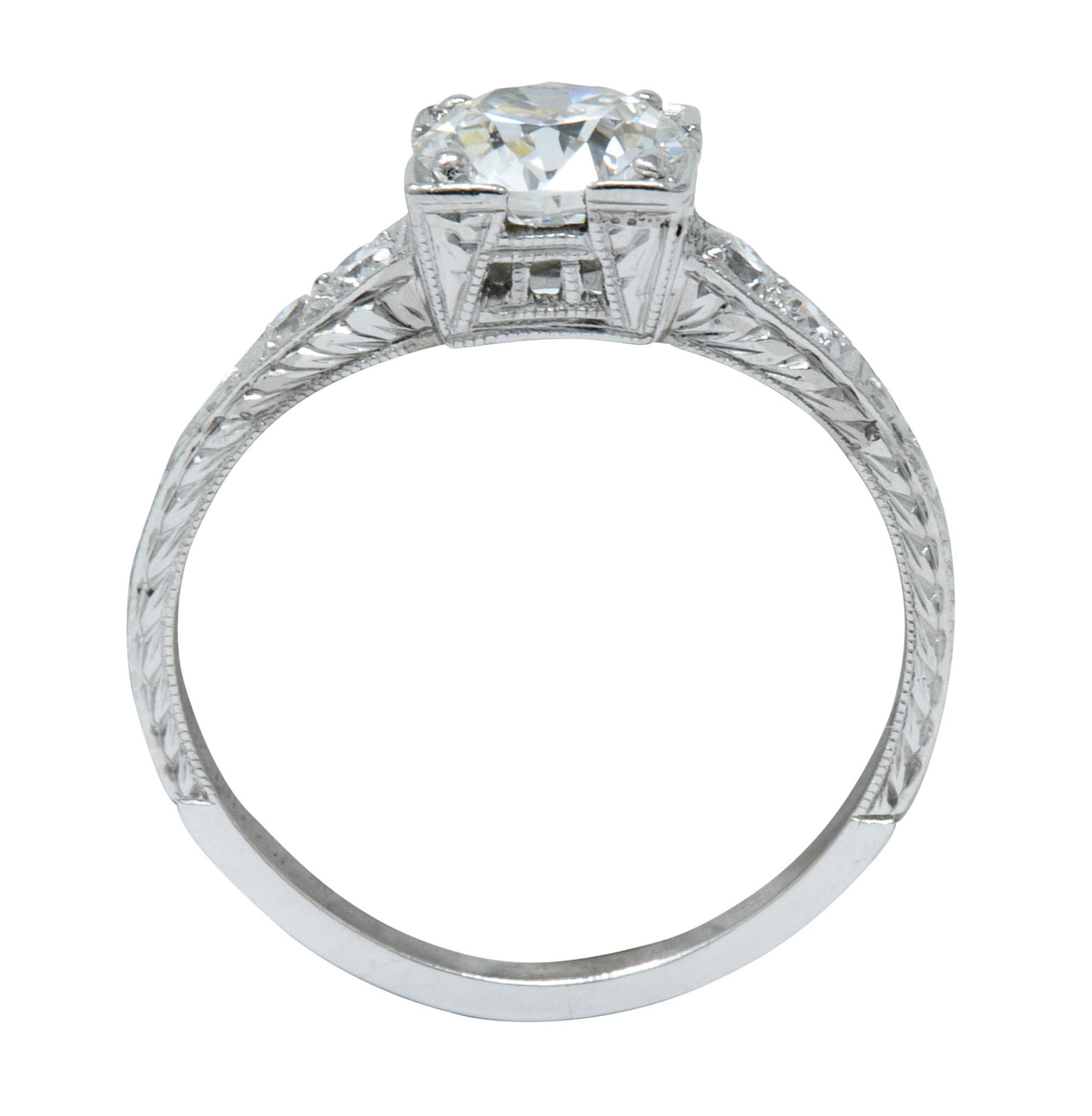 Art Deco 1.00 CTW Diamond Platinum Engraved Foliate Engagement Ring GIARing - Wilson's Estate Jewelry