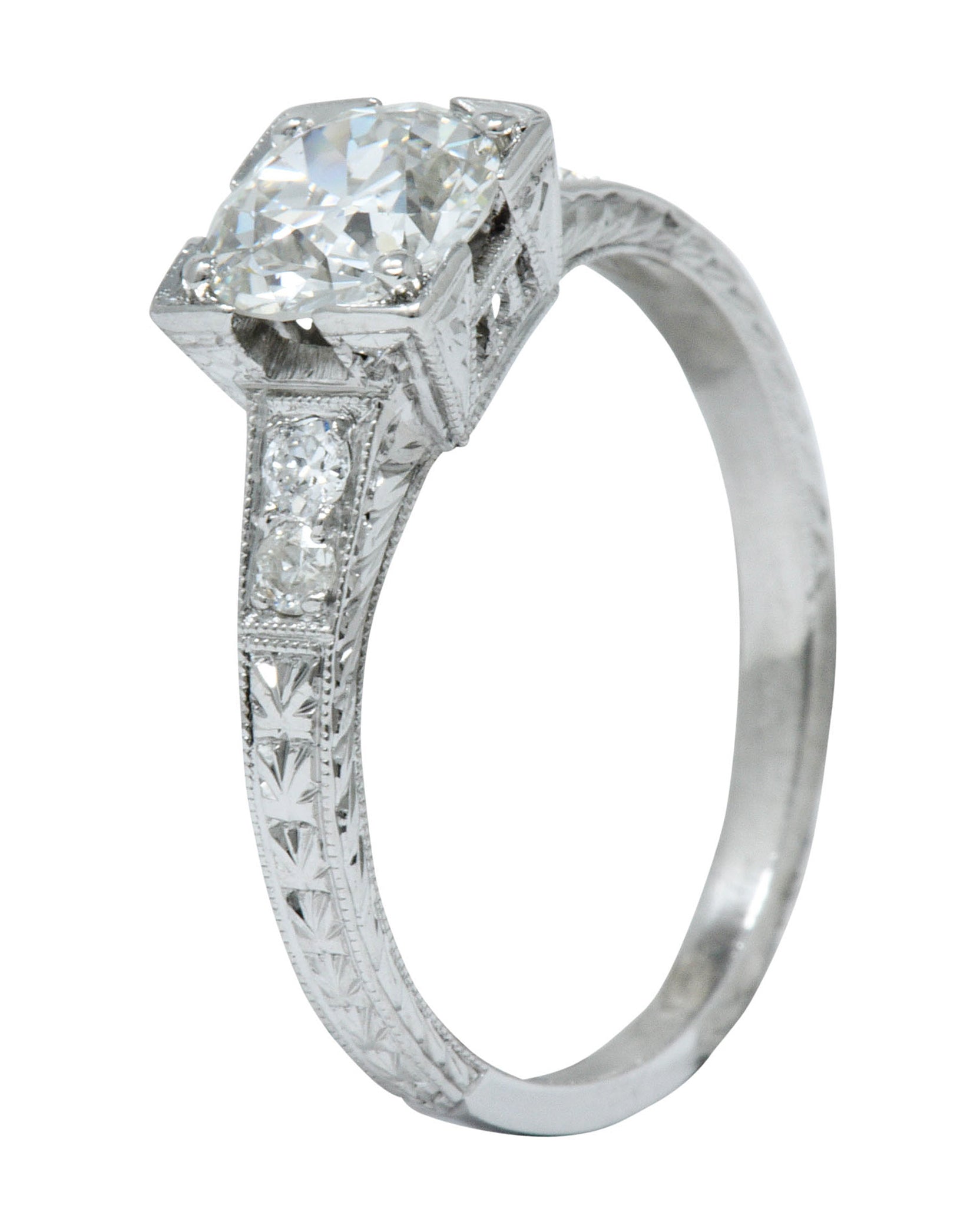 Art Deco 1.00 CTW Diamond Platinum Engraved Foliate Engagement Ring GIARing - Wilson's Estate Jewelry