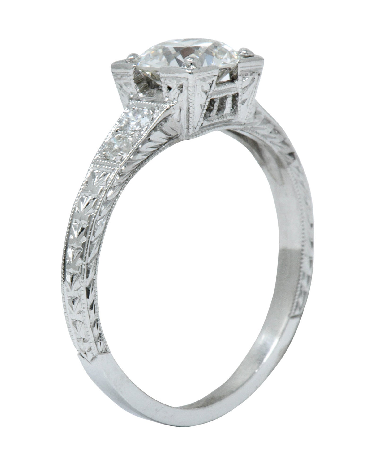 Art Deco 1.00 CTW Diamond Platinum Engraved Foliate Engagement Ring GIARing - Wilson's Estate Jewelry