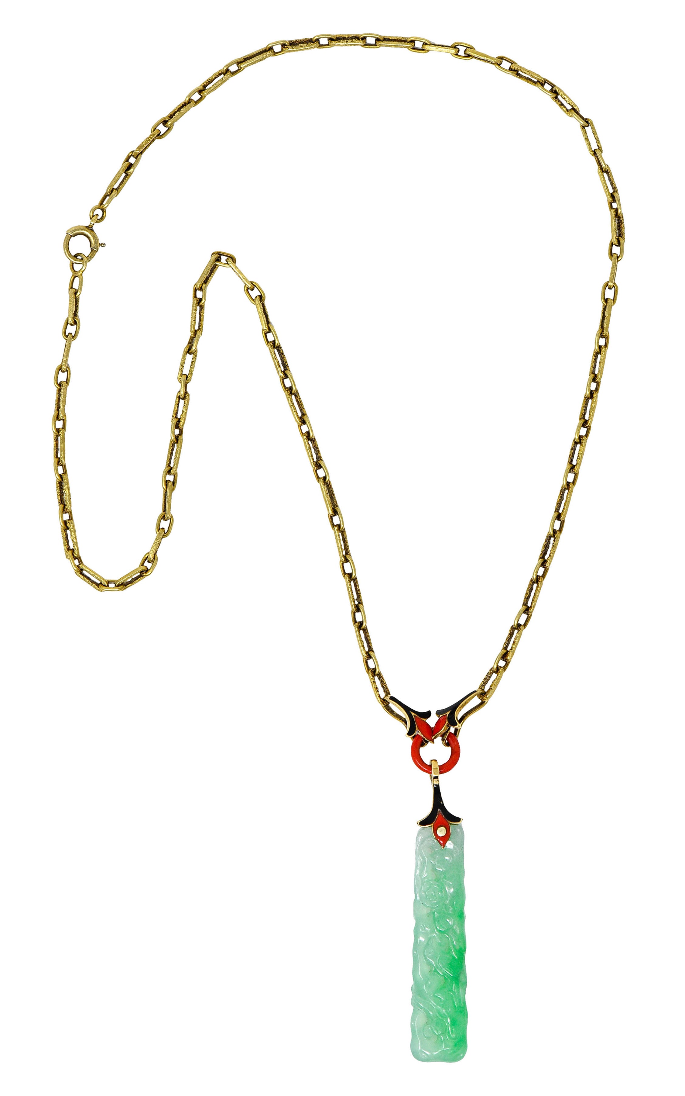 Art Deco Carved Jade Enamel 14 Karat Gold Drop Pendant NecklaceNecklace - Wilson's Estate Jewelry