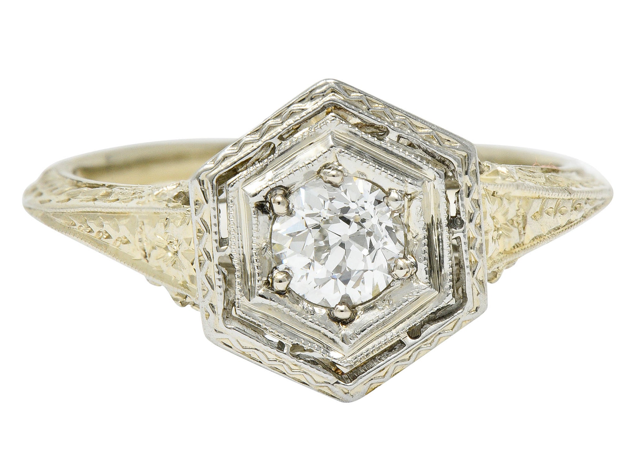 Early Art Deco 0.35 CTW Diamond Platinum-Topped 18 Karat Gold Hexagonal Engagement RingRing - Wilson's Estate Jewelry