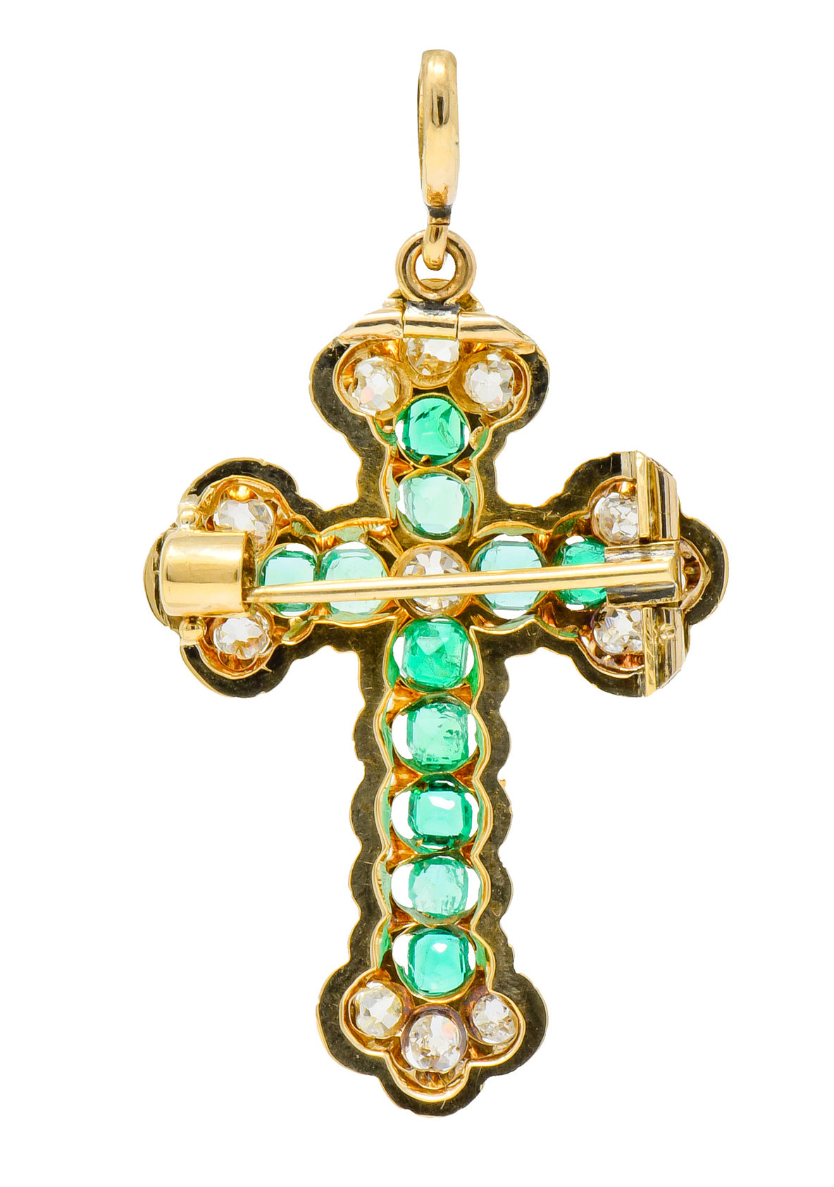 Victorian 2.67 CTW Emerald Diamond 18 Karat Gold Cross Pendant Brooch - Wilson's Estate Jewelry