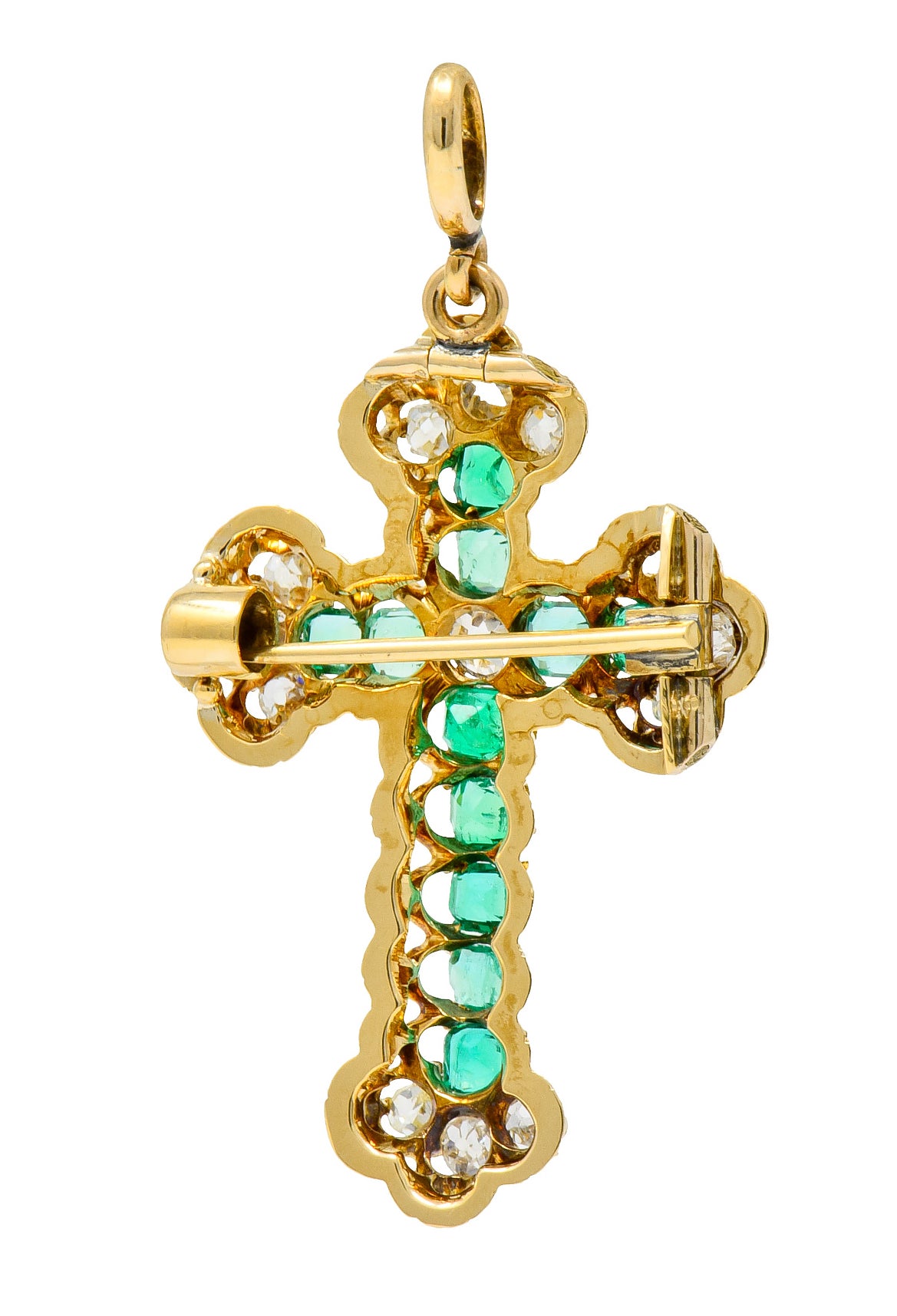 Victorian 2.67 CTW Emerald Diamond 18 Karat Gold Cross Pendant Brooch - Wilson's Estate Jewelry