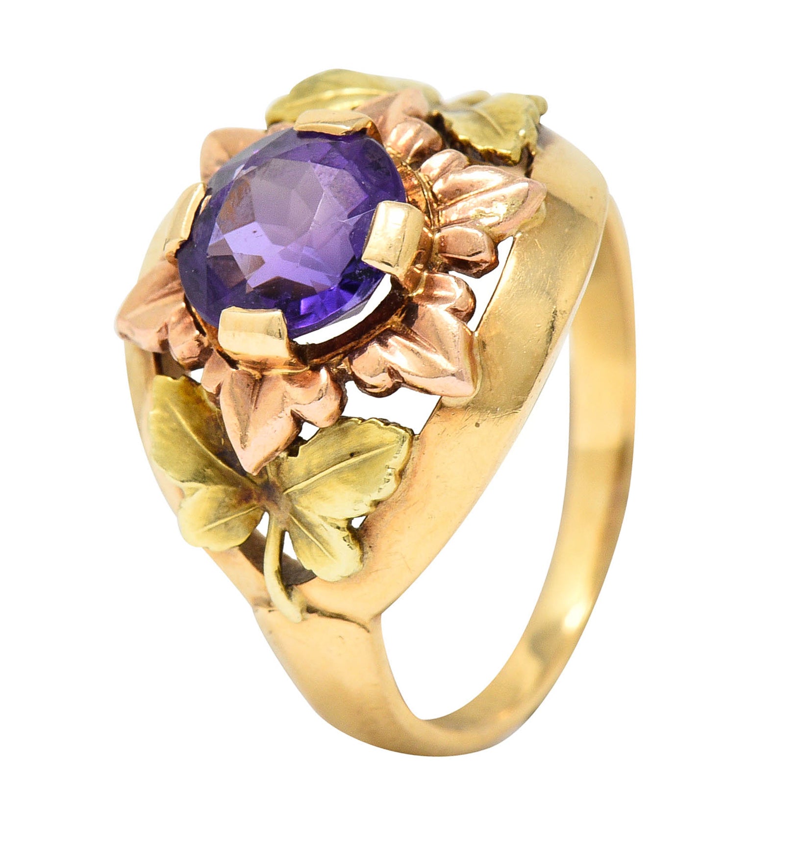 Jones & Woodland Amethyst 14 Karat Tri-Colored Gold Foliate Band RingRing - Wilson's Estate Jewelry