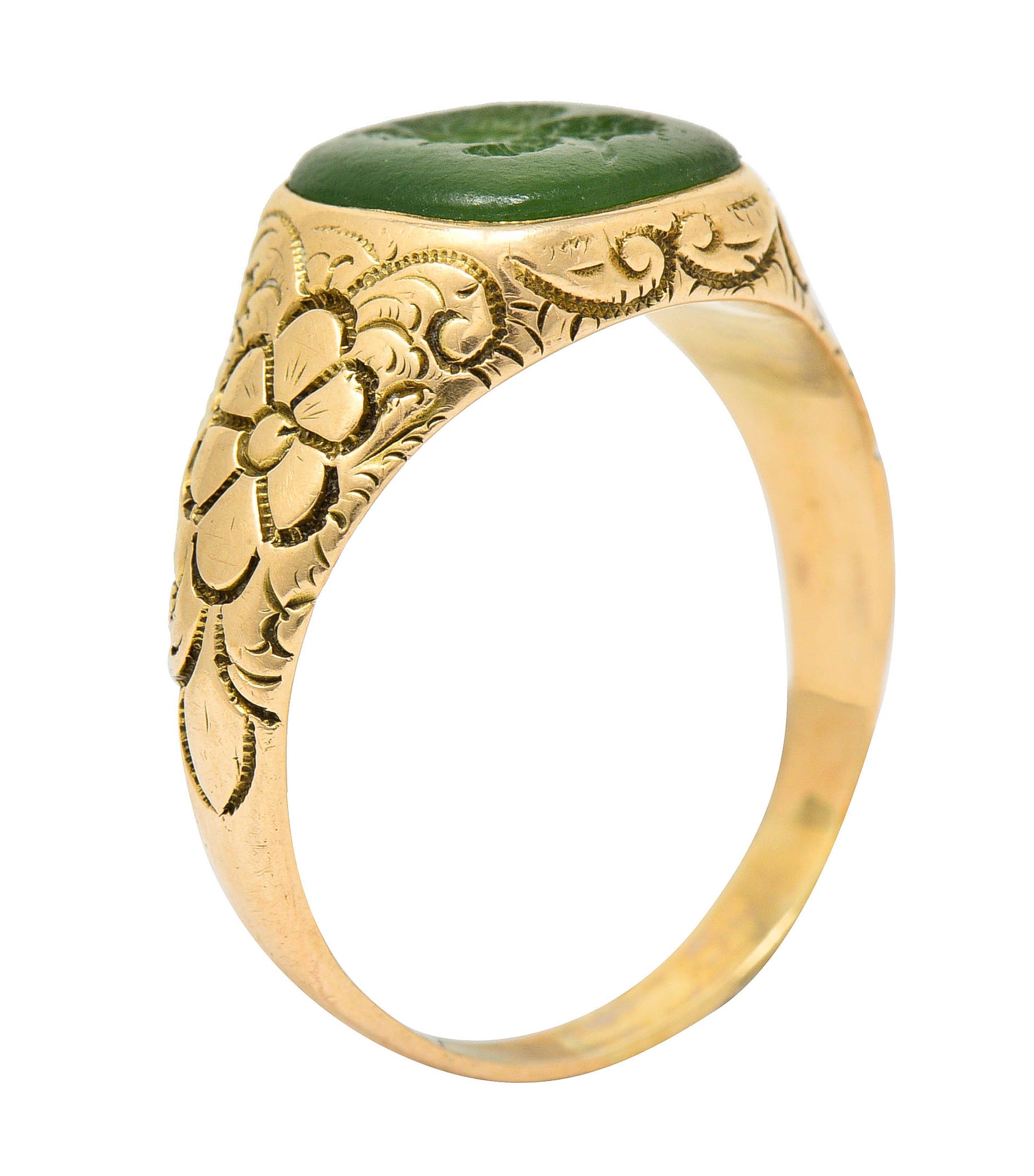 Art Nouveau Nephrite Intaglio 14 Karat Gold Zeus Signet RingRing - Wilson's Estate Jewelry