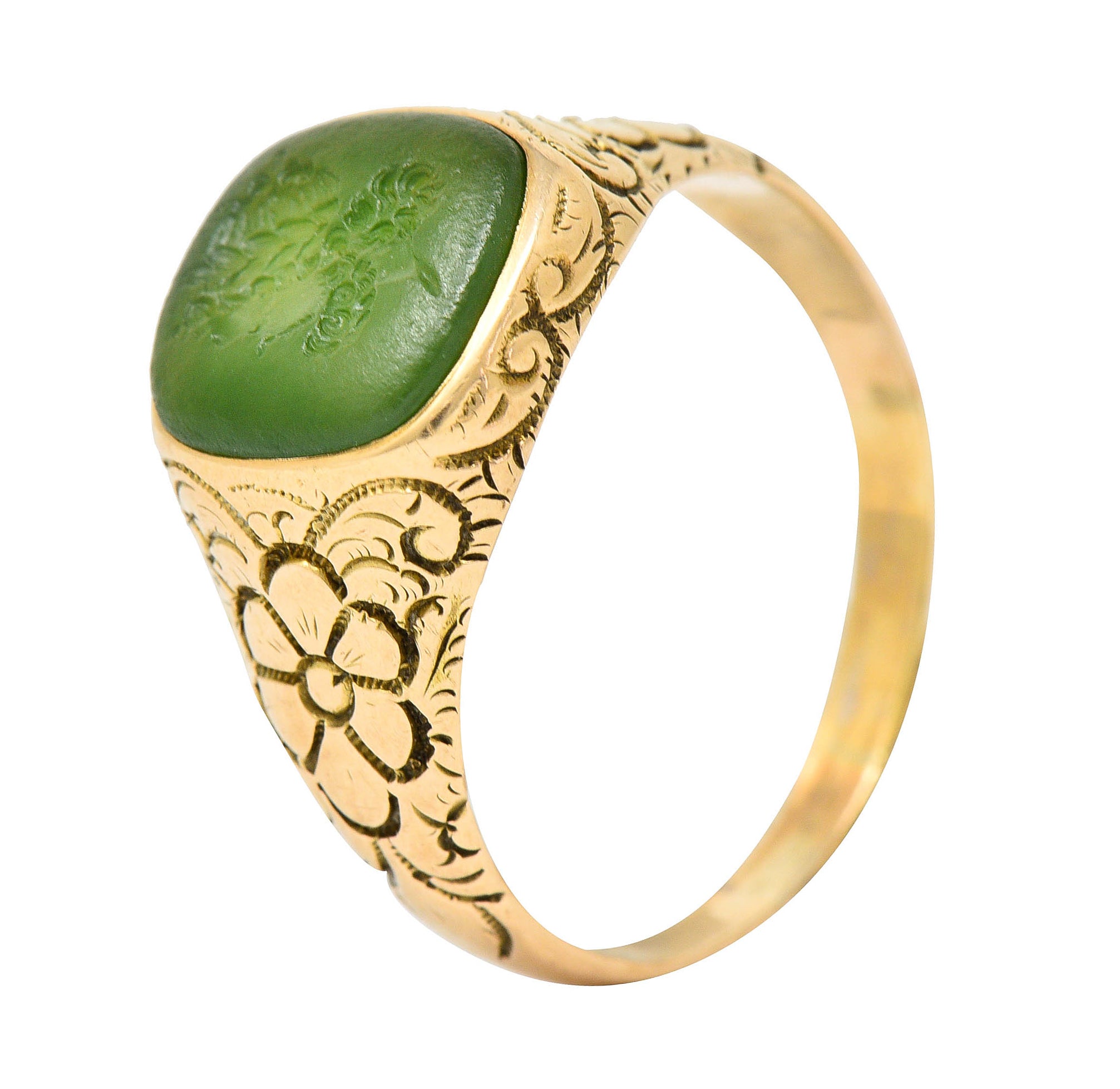 Art Nouveau Nephrite Intaglio 14 Karat Gold Zeus Signet RingRing - Wilson's Estate Jewelry