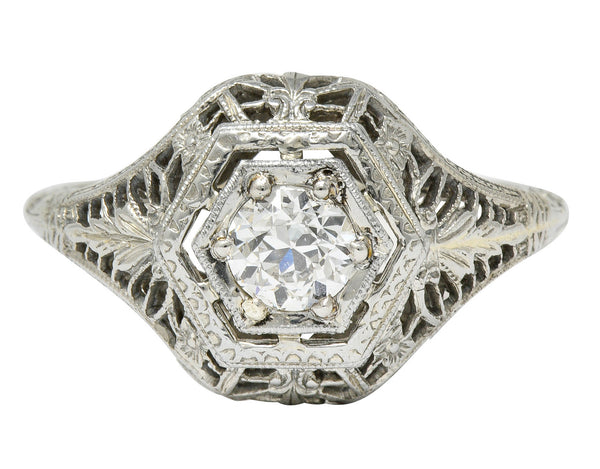 Edwardian 0.32 CTW Diamond 18 Karat White Gold Hexagonal Engagement RingRing - Wilson's Estate Jewelry
