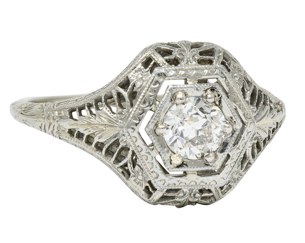 Edwardian 0.32 CTW Diamond 18 Karat White Gold Hexagonal Engagement RingRing - Wilson's Estate Jewelry