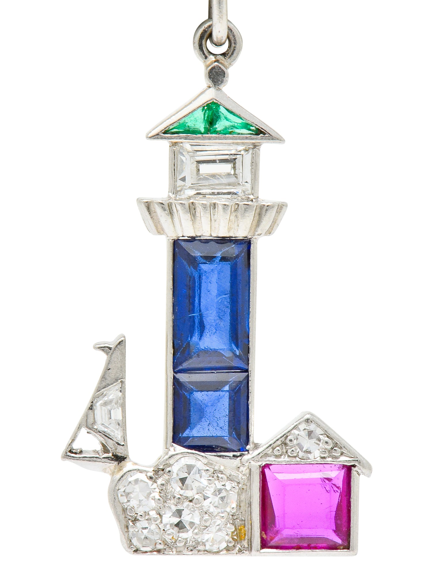 Large Art Deco Sapphire Emerald Ruby Diamond Platinum Lighthouse Charm - Wilson's Estate Jewelry