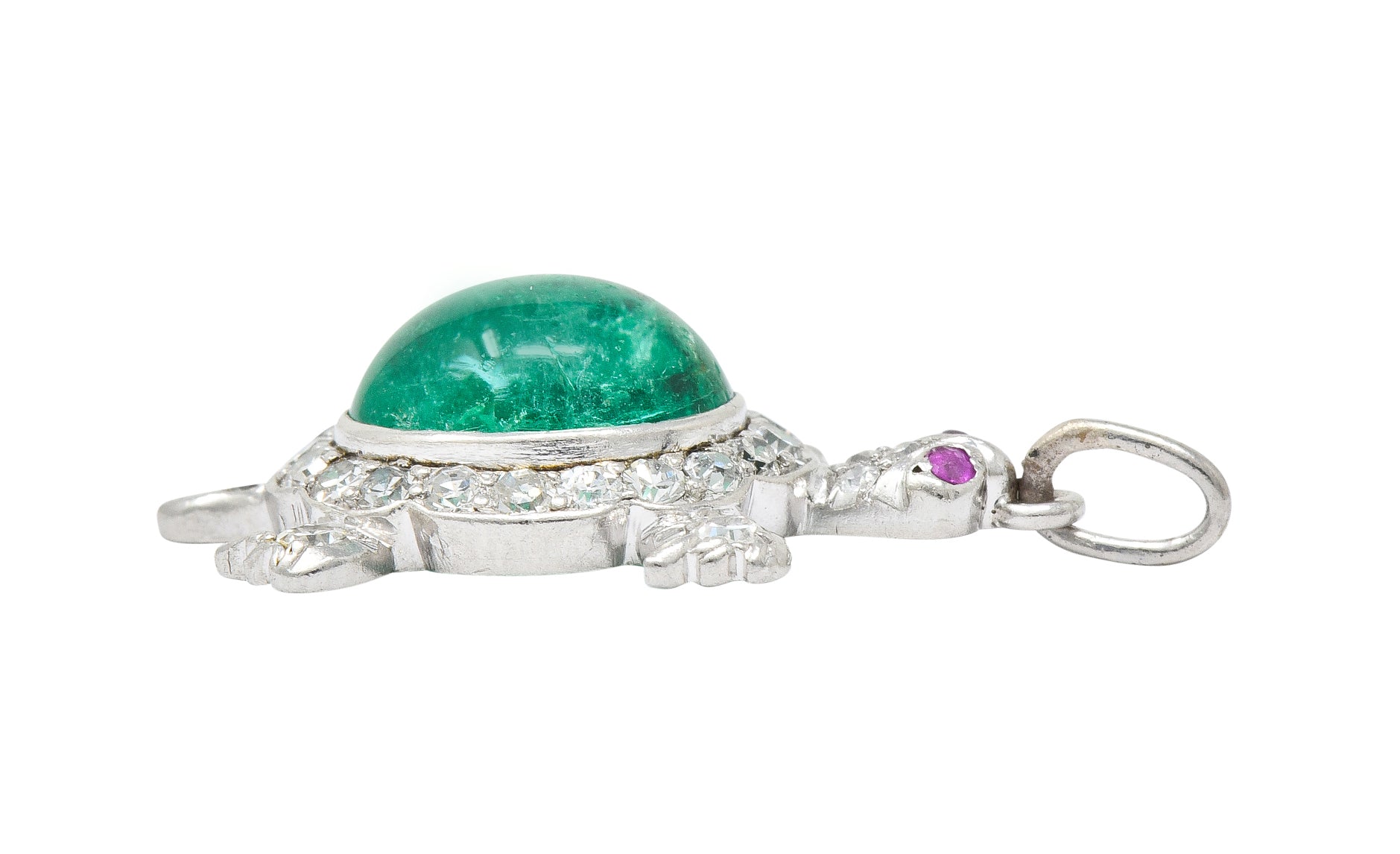 Large Art Deco Emerald Diamond Ruby Platinum Cute Turtle Charm - Wilson's Estate Jewelry