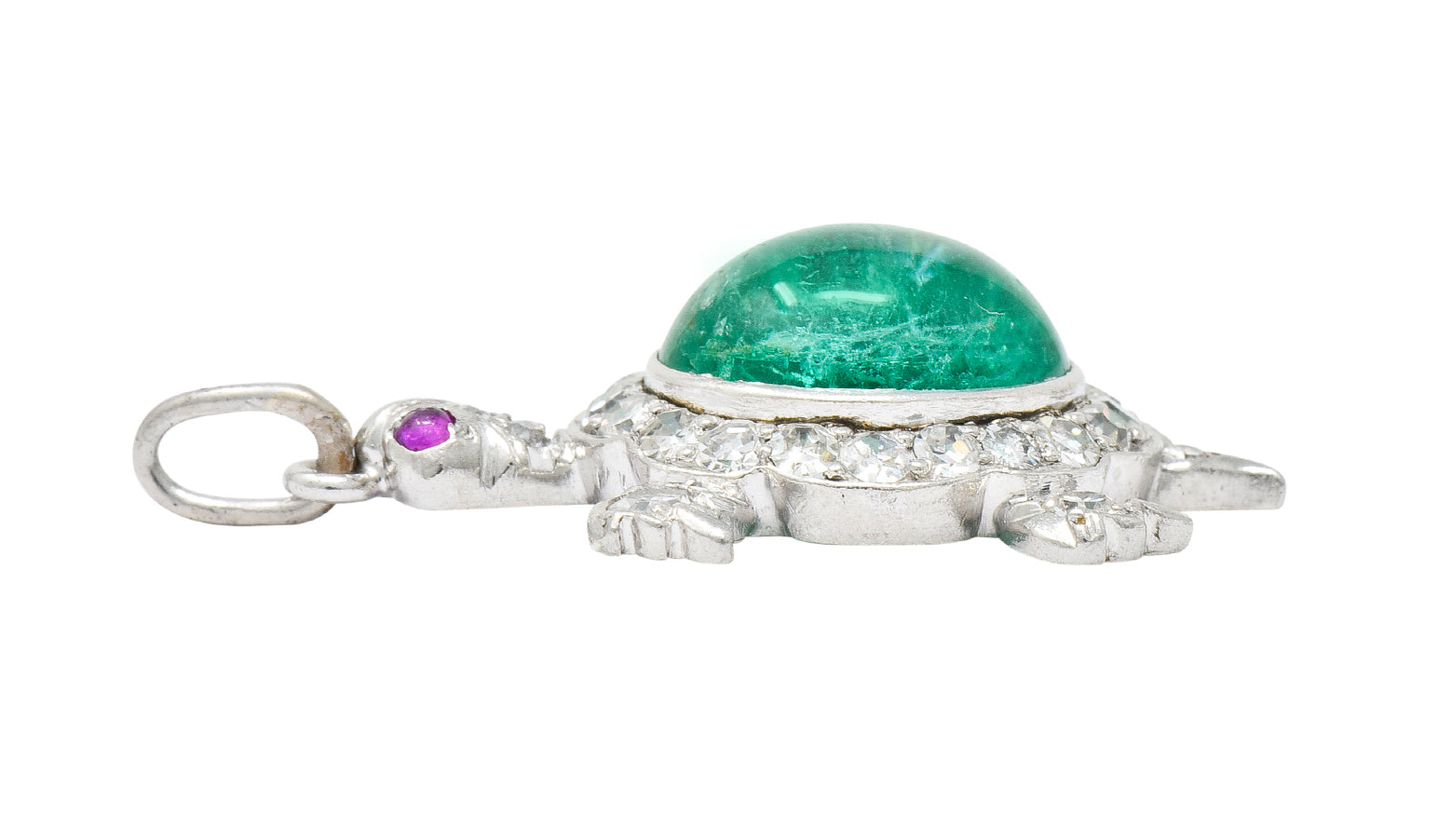 Large Art Deco Emerald Diamond Ruby Platinum Cute Turtle Charm - Wilson's Estate Jewelry