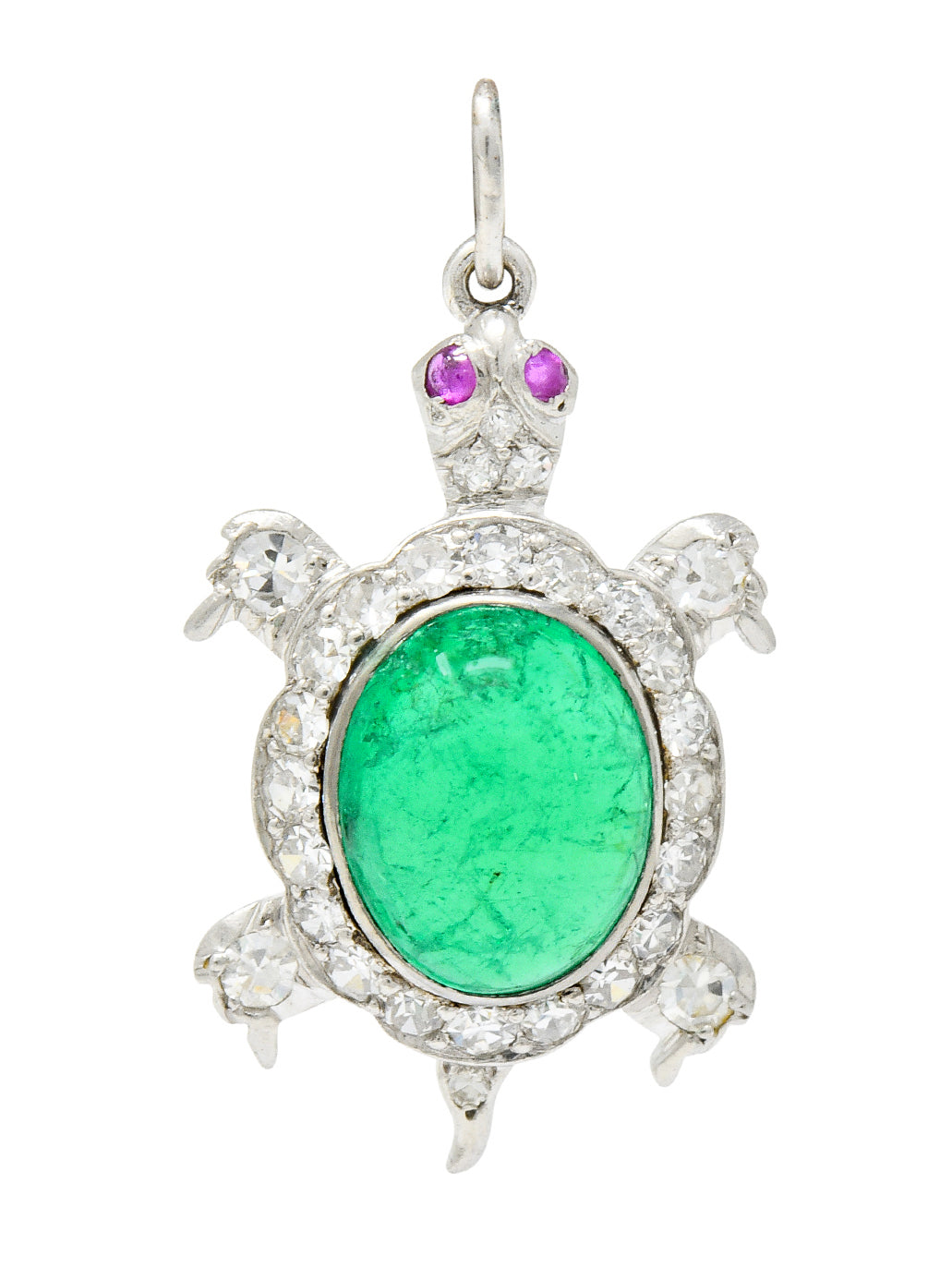 Large Art Deco Emerald Diamond Ruby Platinum Cute Turtle Charm - Wilson's Estate Jewelry