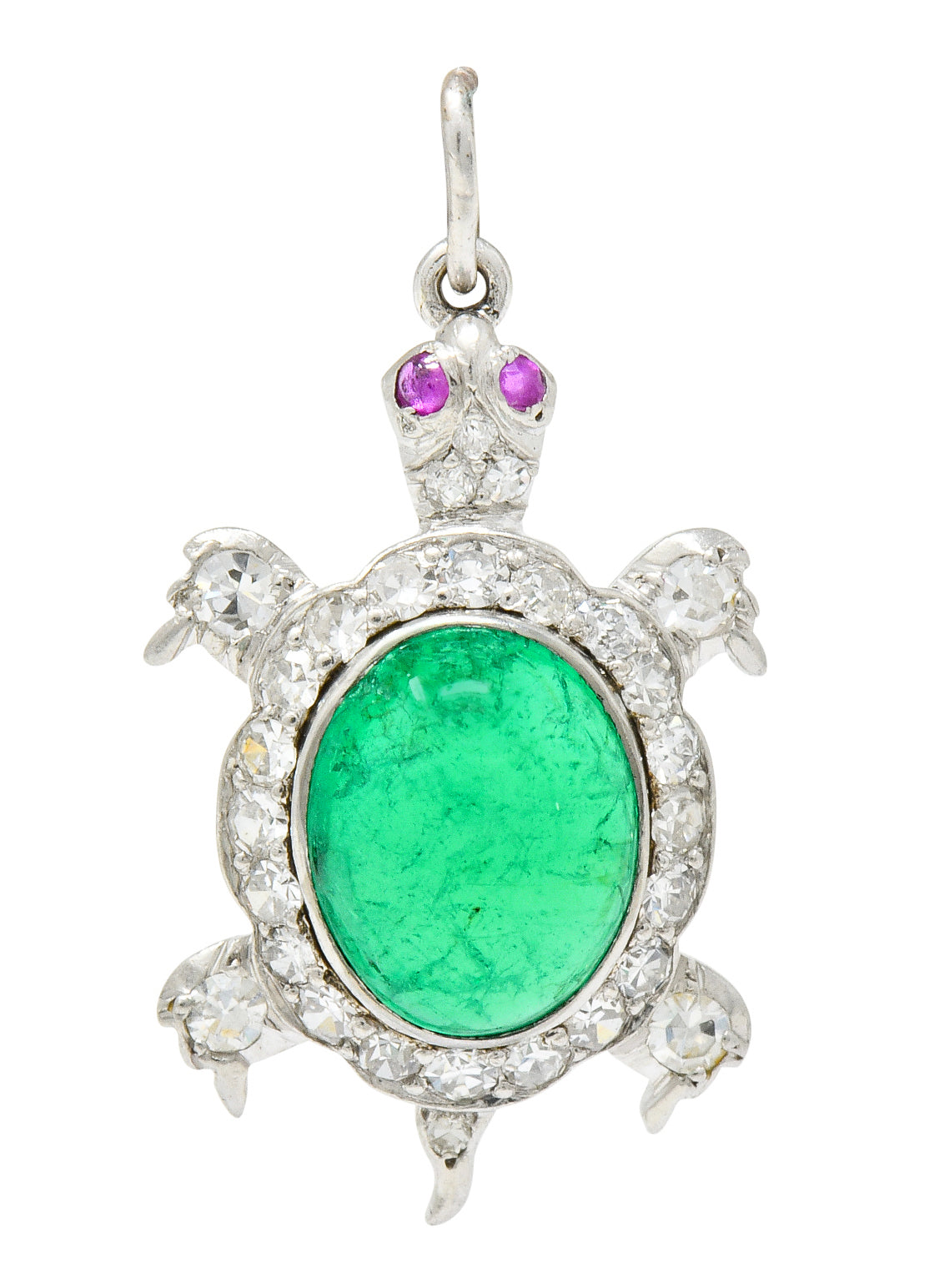 Large Art Deco Emerald Diamond Ruby Platinum Cute Turtle Charm - Wilson's Estate Jewelry