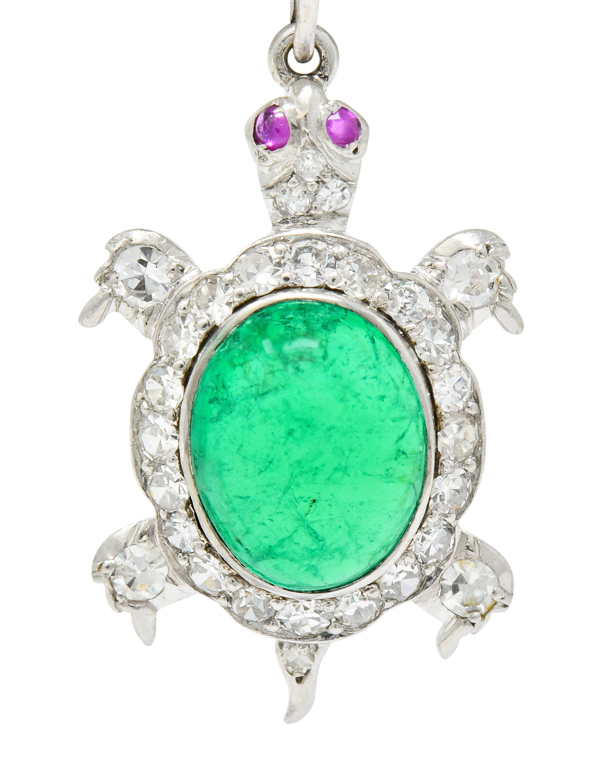 Large Art Deco Emerald Diamond Ruby Platinum Cute Turtle Charm - Wilson's Estate Jewelry