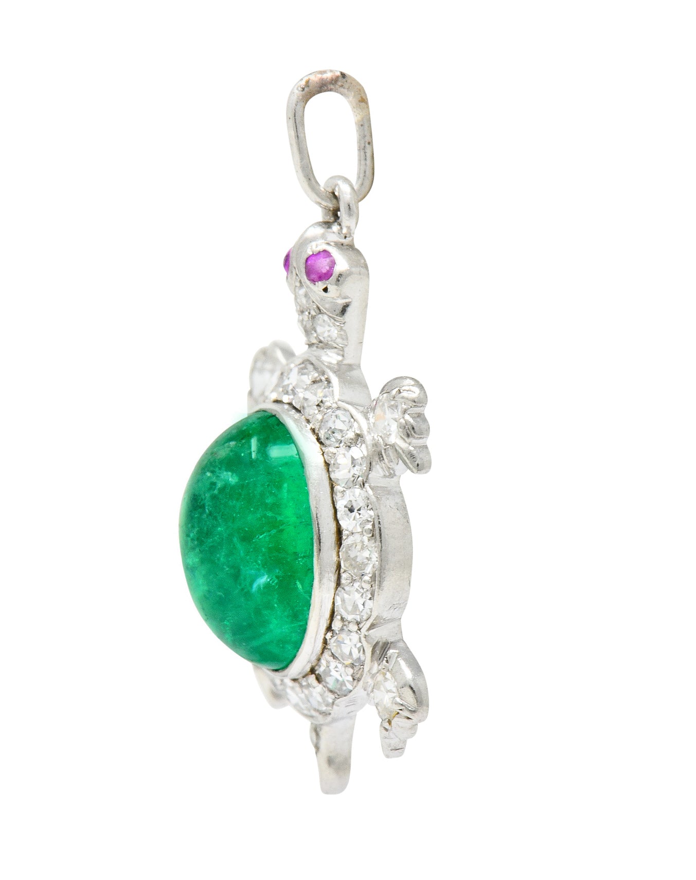 Large Art Deco Emerald Diamond Ruby Platinum Cute Turtle Charm - Wilson's Estate Jewelry