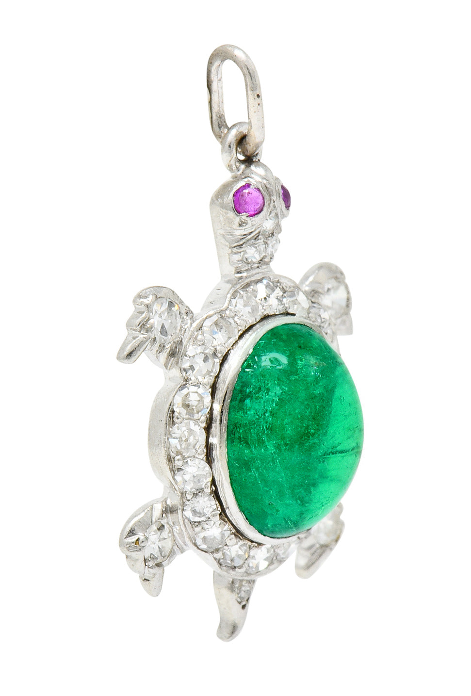 Large Art Deco Emerald Diamond Ruby Platinum Cute Turtle Charm - Wilson's Estate Jewelry