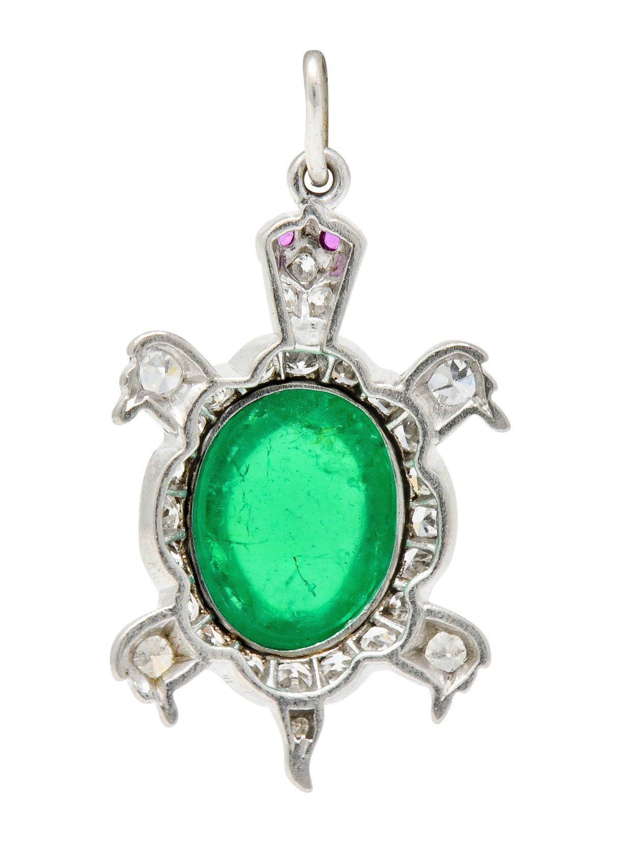 Large Art Deco Emerald Diamond Ruby Platinum Cute Turtle Charm - Wilson's Estate Jewelry