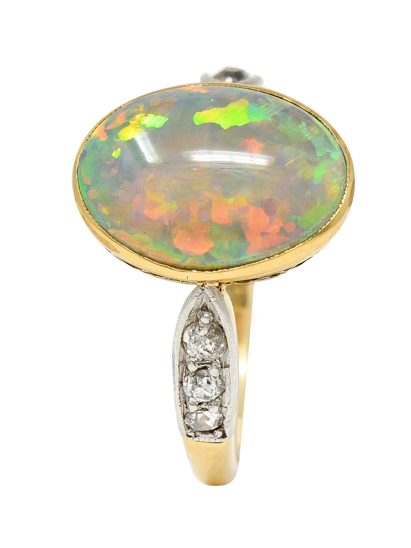 Edwardian Diamond Black Opal Platinum-Topped 18 Karat Yellow Gold Ring Wilson's Estate Jewelry