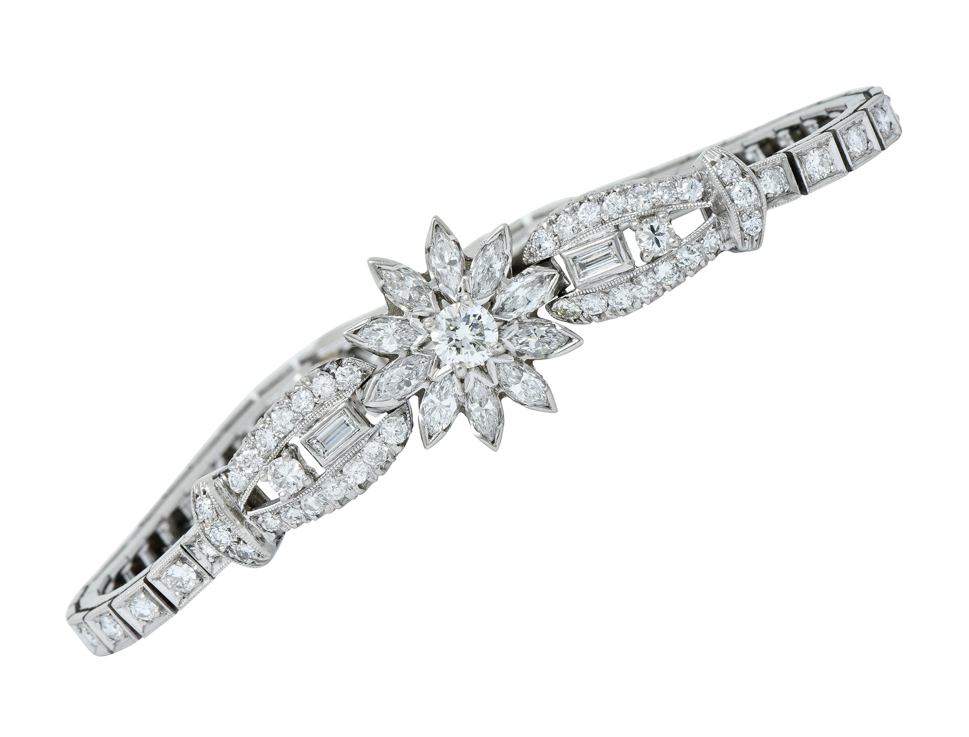 1950’s Mid-Century 4.00 CTW Diamond Platinum Floral Cluster Link Braceletbracelet - Wilson's Estate Jewelry