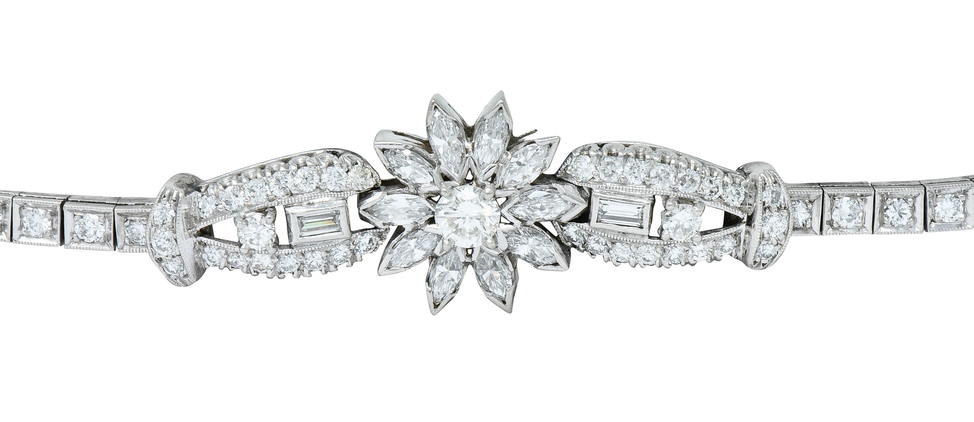 1950’s Mid-Century 4.00 CTW Diamond Platinum Floral Cluster Link Braceletbracelet - Wilson's Estate Jewelry