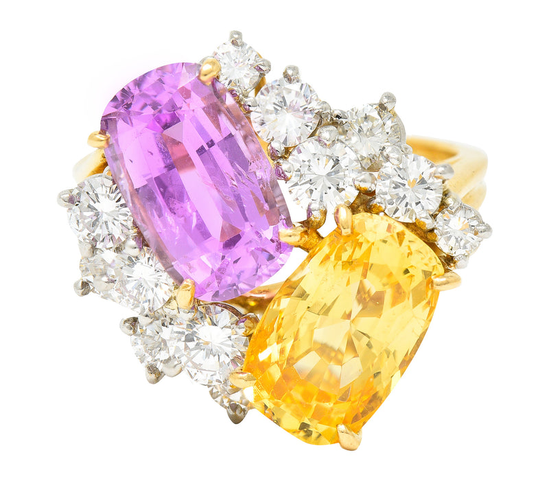 Oscar Heyman 11.12 CTW Pink & Yellow Sapphire Diamond Platinum 18 Karat Yellow Gold Cluster Cocktail Ring Wilson's Estate Jewelry