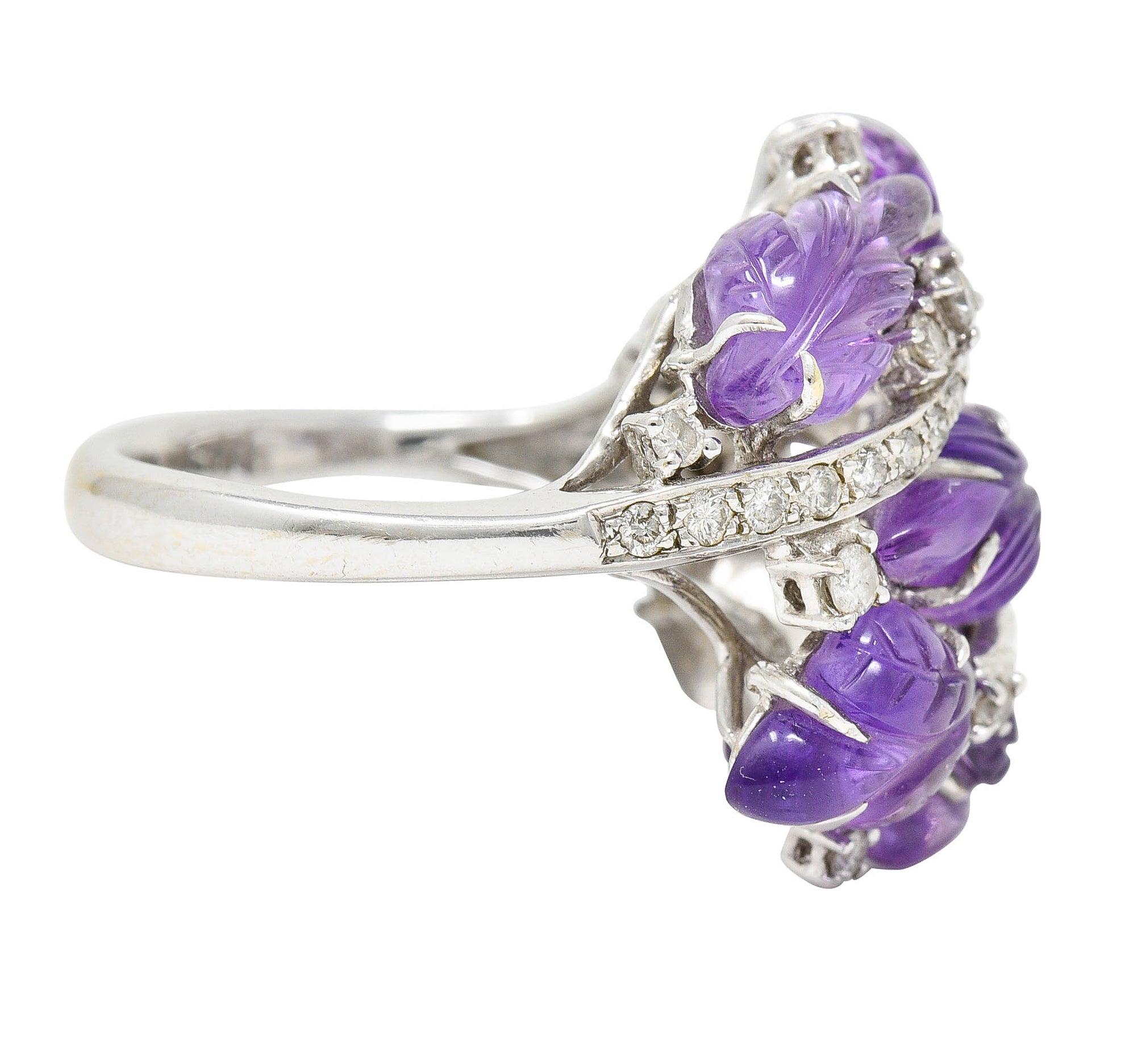 1960's Vintage Amethyst Diamond 18 Karat White Gold Carved Foliate RingRing - Wilson's Estate Jewelry