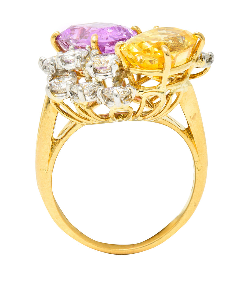 Oscar Heyman 11.12 CTW Pink & Yellow Sapphire Diamond Platinum 18 Karat Yellow Gold Cluster Cocktail Ring Wilson's Estate Jewelry