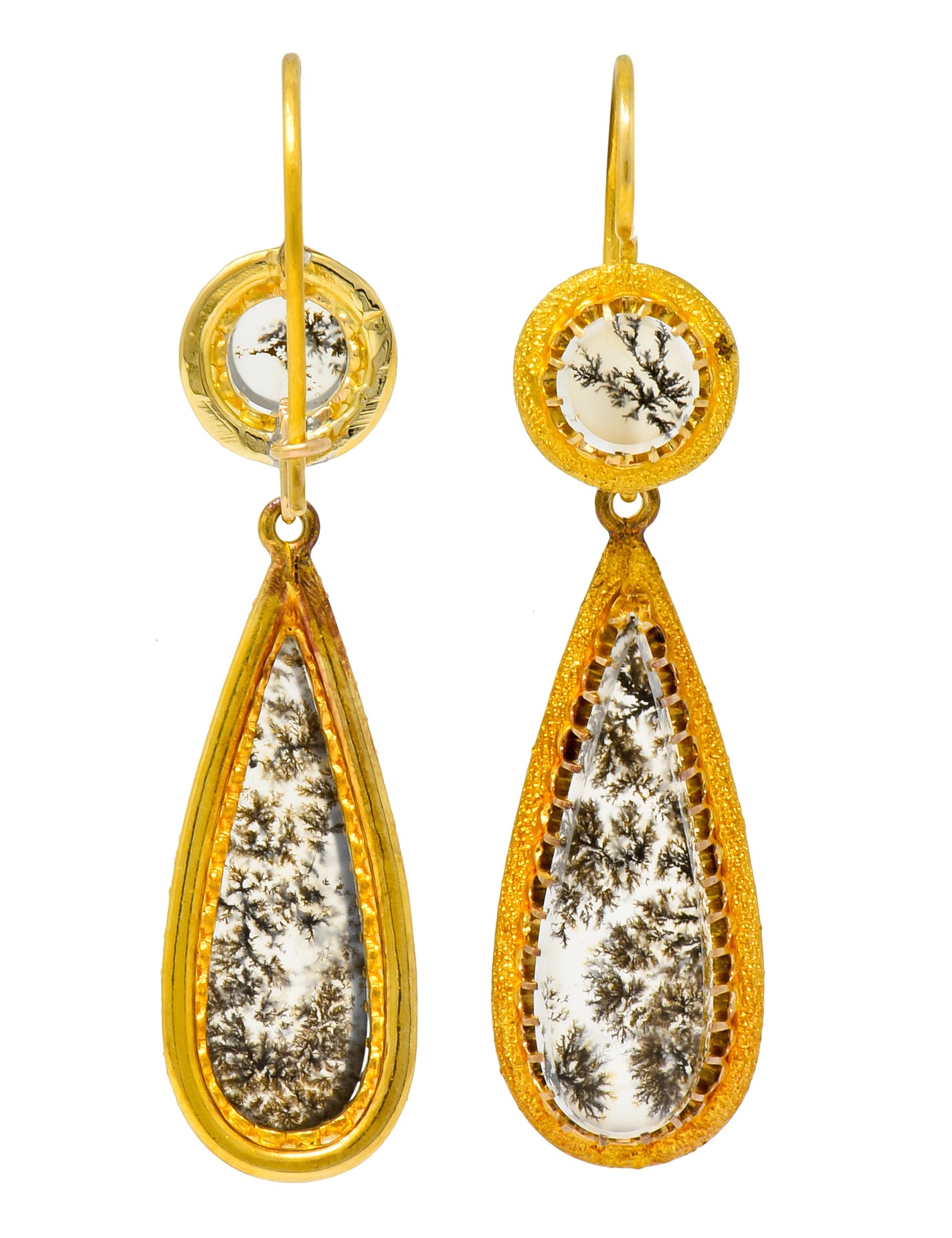 Victorian Dendritic Agate 18 Karat Gold Articulated Day Night Drop Earrings - Wilson's Estate Jewelry