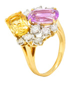 Oscar Heyman 11.12 CTW Pink & Yellow Sapphire Diamond Platinum 18 Karat Yellow Gold Cluster Cocktail Ring Wilson's Estate Jewelry