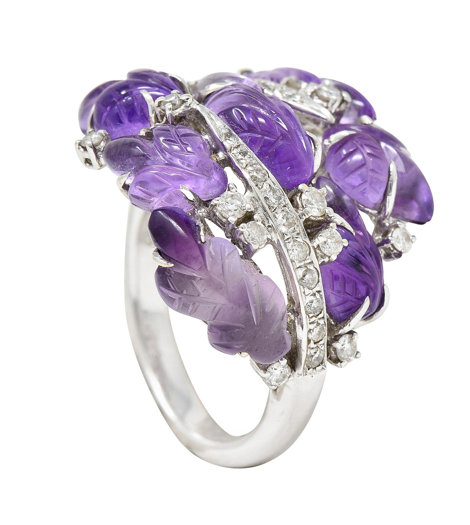 1960's Vintage Amethyst Diamond 18 Karat White Gold Carved Foliate RingRing - Wilson's Estate Jewelry