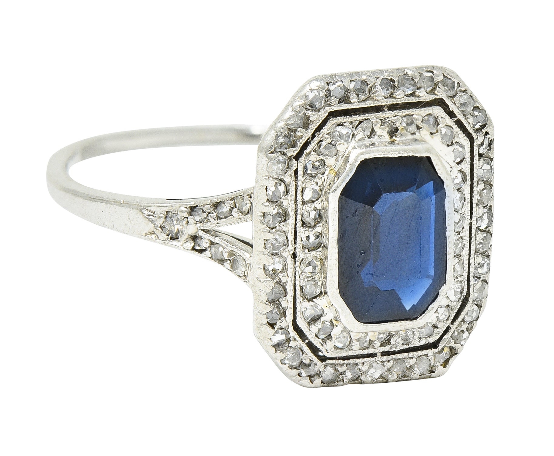 1920's Early Art Deco 1.75 CTW Sapphire Diamond Platinum Double Halo Ring Wilson's Estate Jewelry