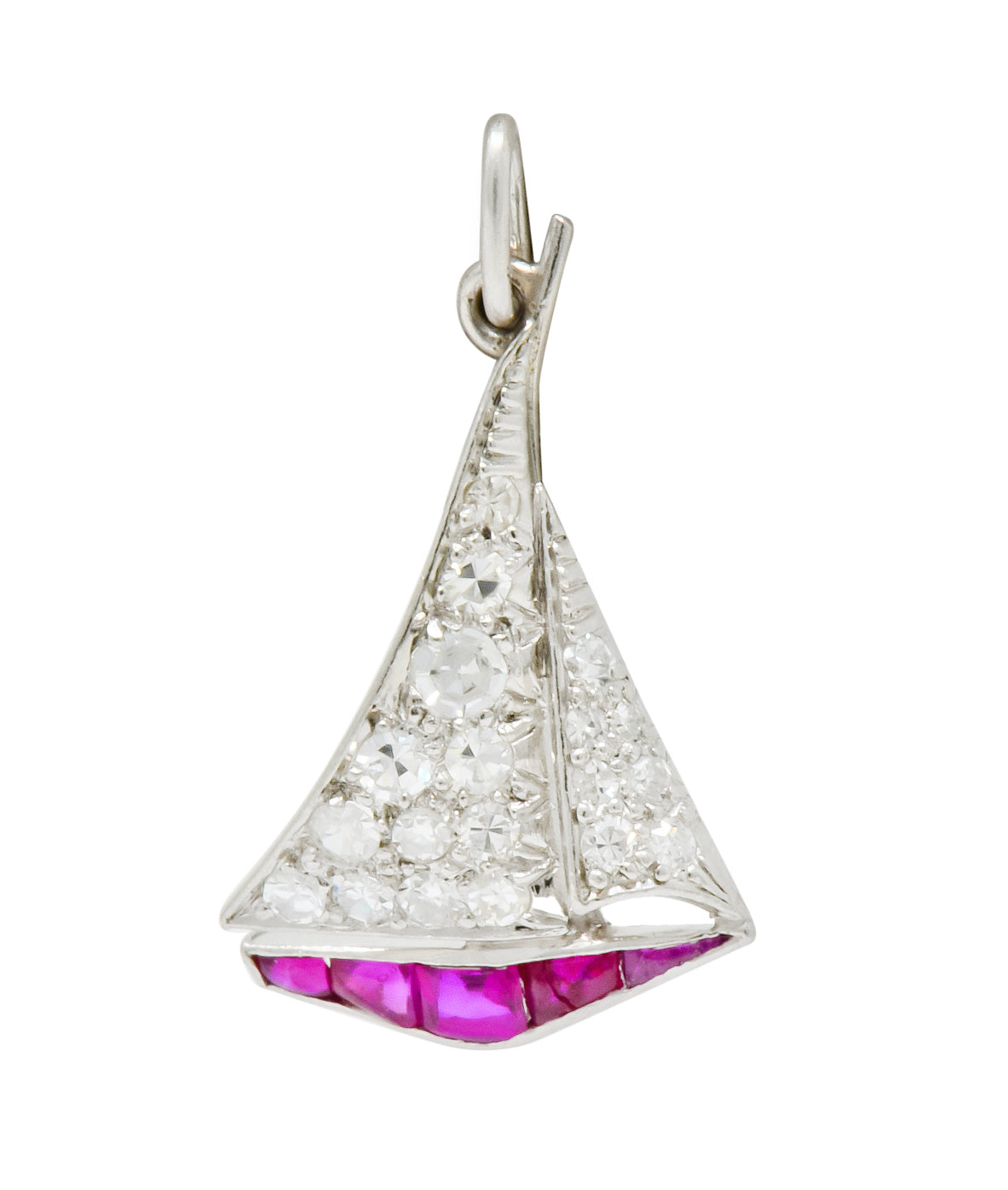 Smooth Sailing Art Deco Diamond Ruby Platinum Sailboat Charm - Wilson's Estate Jewelry