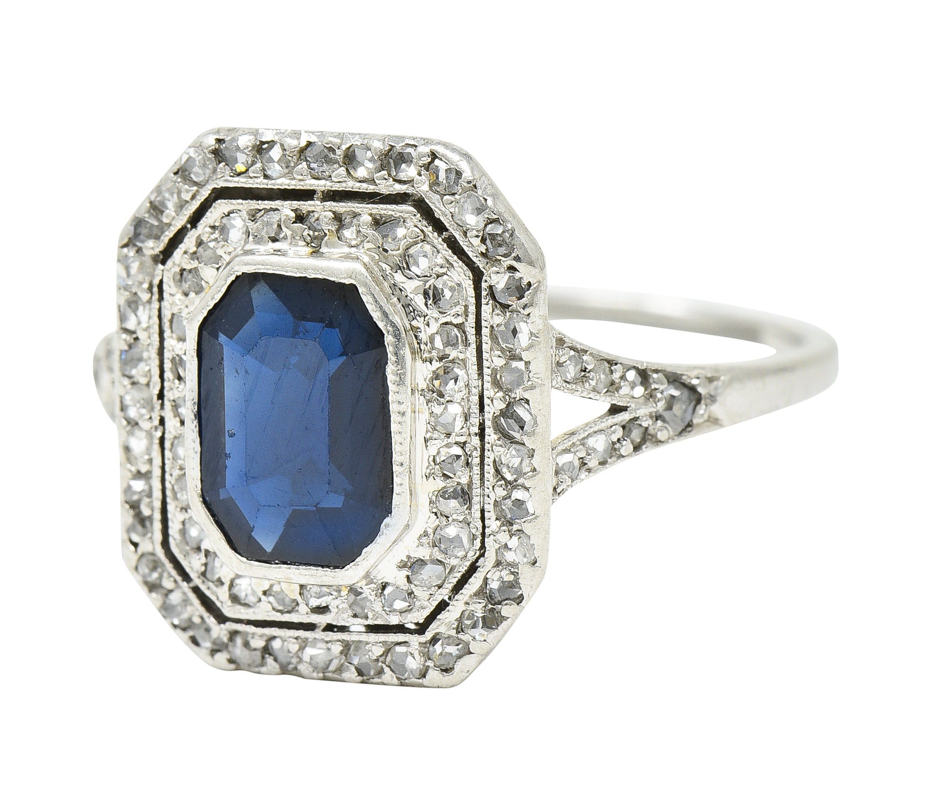 1920's Early Art Deco 1.75 CTW Sapphire Diamond Platinum Double Halo Ring Wilson's Estate Jewelry