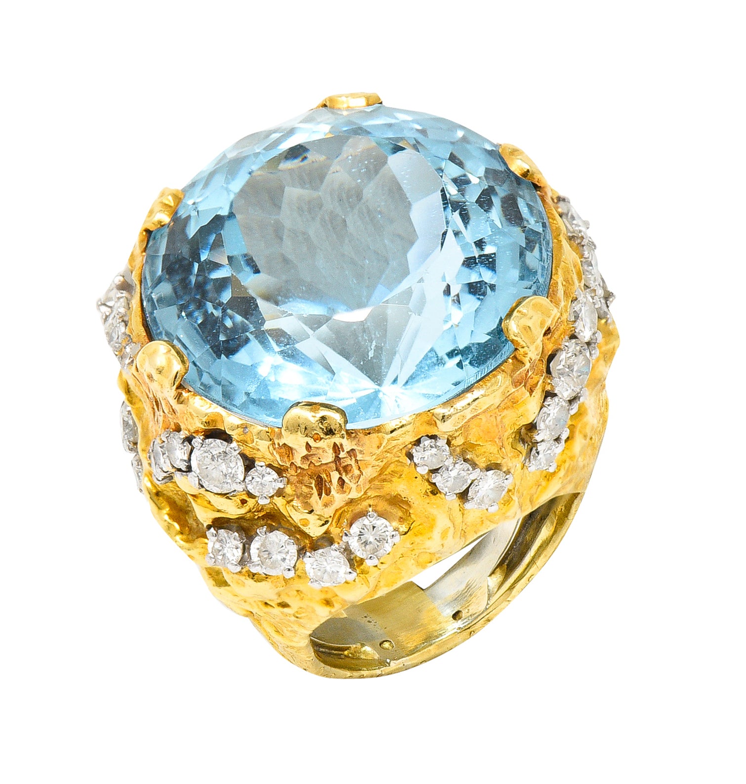 David Webb 1970's 43.10 CTW Aquamarine Diamond Platinum 18 Karat Yellow Gold Substantial Vintage Cocktail Ring Wilson's Estate Jewelry